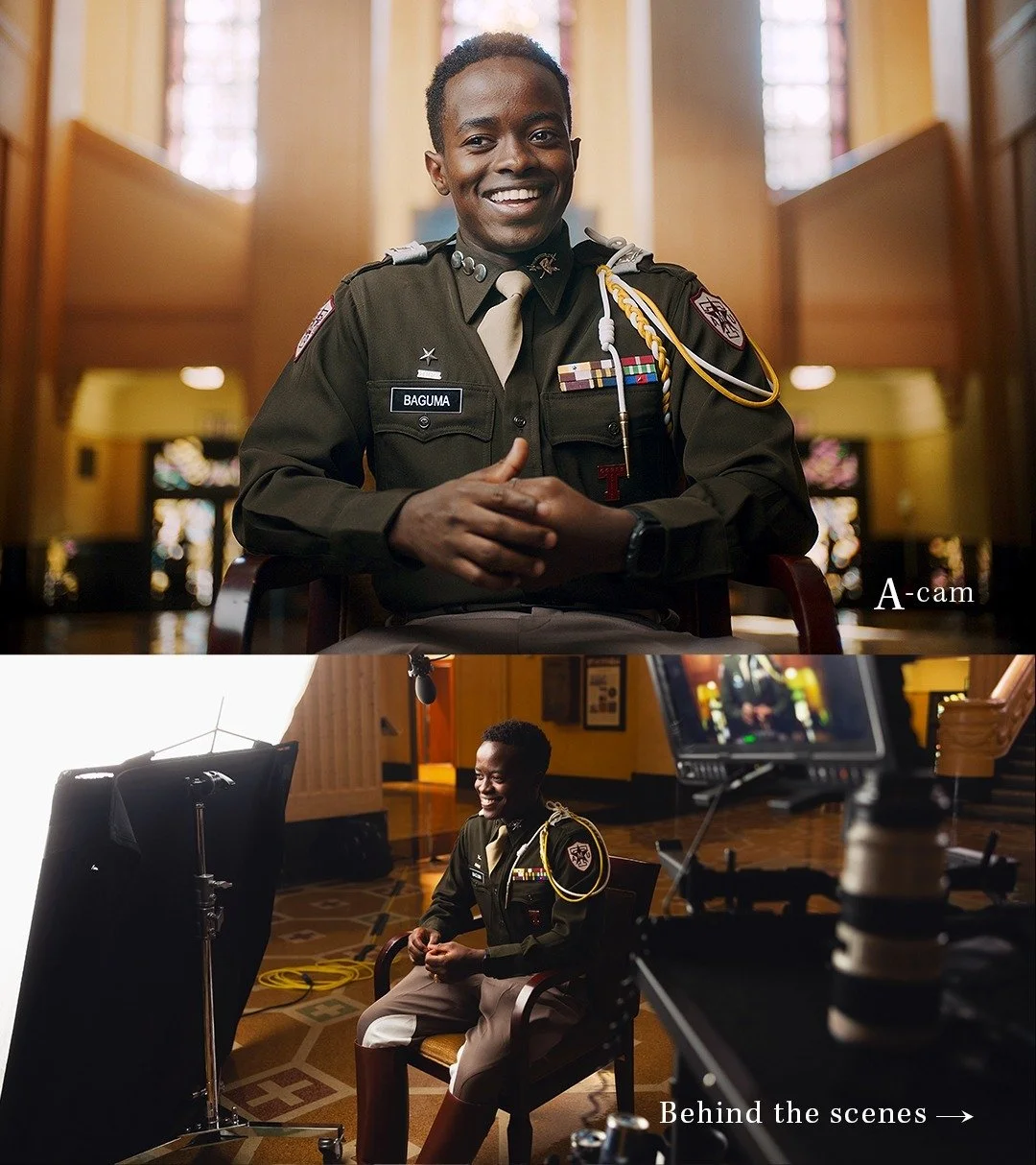 Simple interview lighting setup.
*Swipe right to see Behind the Scenes.

Shot on Arri Alexa Mini LF + Leica Summicron-C Lens 

Key light = Aputure 1200D w/Elinchrom 6&rsquo; octobox + 1/2 silent grid cloth

Shaft Light = Aputure 300Dii w/Spotlight

A