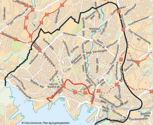 Grensen for indre by frem til 2003, med Ring 1 (i rødt), laget av Plan- og bygningsetaten i Oslo i 2012, basert på politivedtekt.