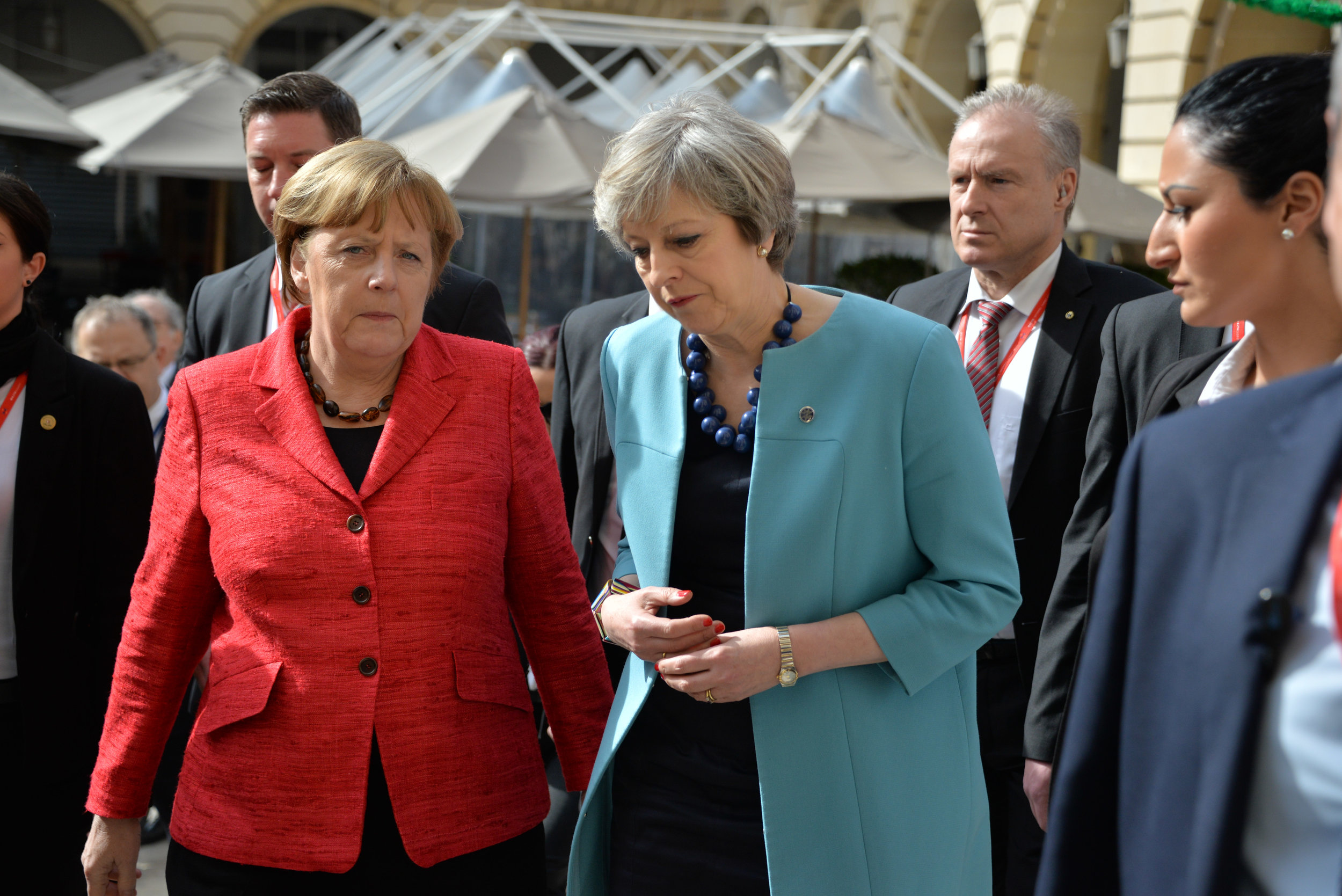  German Chancellor Angela Merkel (Left) and British Prime Minister Theresa May (Right) at a summit of the European Council in Valletta, Malta, Friday, Feb. 3, 2017. A continued flow of migrants from the Middle East and Africa is pressuring the Europe