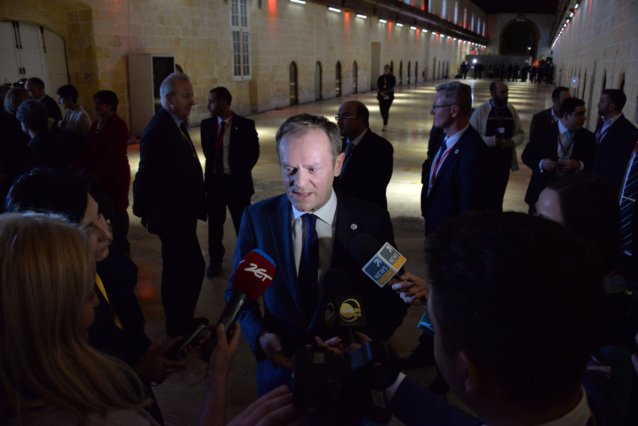  European Council President Donald Tusk speaking with journalists in Valletta, Malta, Friday, Feb. 3, 2017. A continued flow of migrants from the Middle East and Africa is pressuring the European Council to act with some calling for cooperation with 