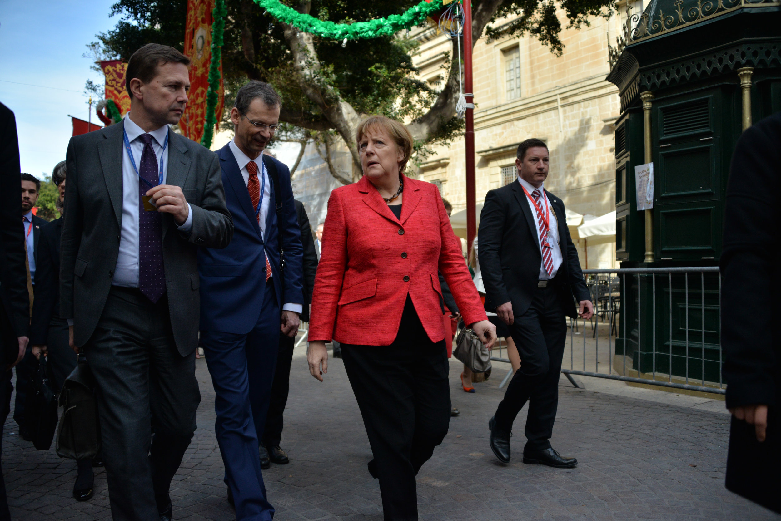  Angela Merkel and Members of the  European Council on a walking tour of Valletta, Malta, Friday, Feb. 3, 2017. A continued flow of migrants from the Middle East and Africa is pressuring the European Council to act with some calling for cooperation w