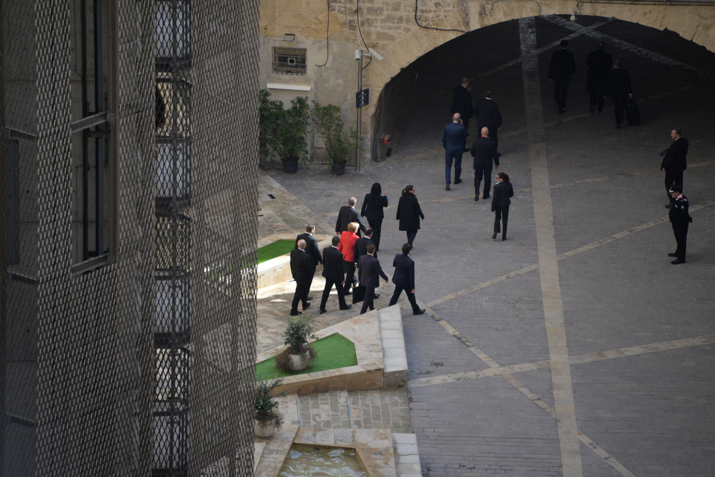  Angela Merkel and Members of the  European Council on a walking tour of Valletta, Malta, Friday, Feb. 3, 2017. A continued flow of migrants from the Middle East and Africa is pressuring the European Council to act with some calling for cooperation w