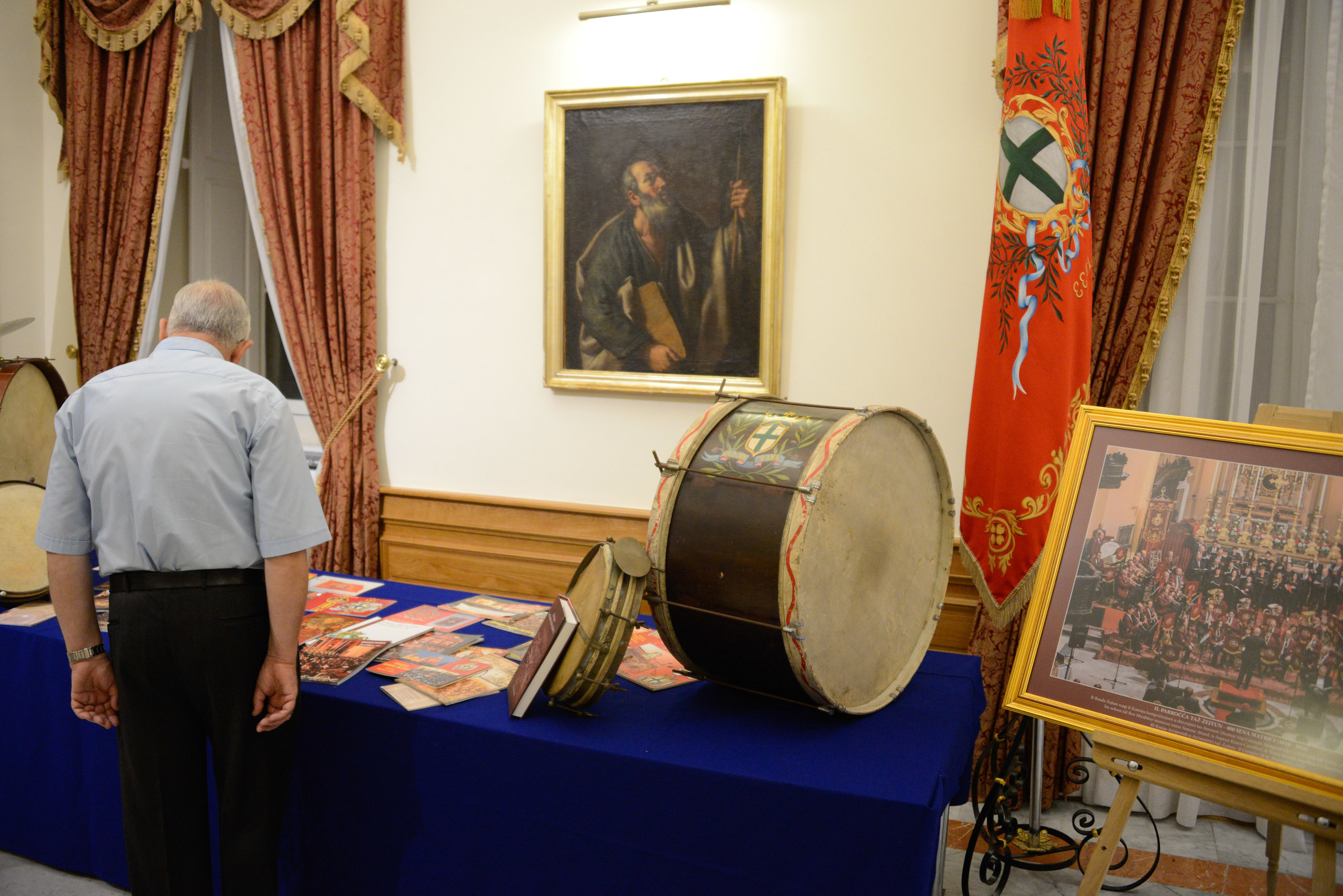  A man inspects drums and memorabilia of the Zejtun Band Club inside The Ministry of Foreign Affairs. Government buildings normally restricted to public access were open on Notte Bianca and filled with different displays. Marching band clubs are a bi