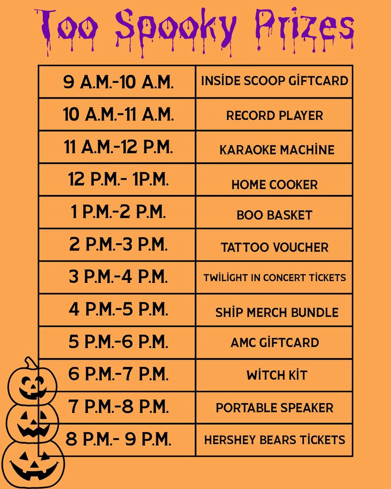 If you have your eye on a specific prize, here is a breakdown of when each will be given away 👀!

You might listen for the prize but you are sure to stay tuned in for the spooky music with our amazing DJ&rsquo;s! 

@shippensburgu @shipucjm #shippens