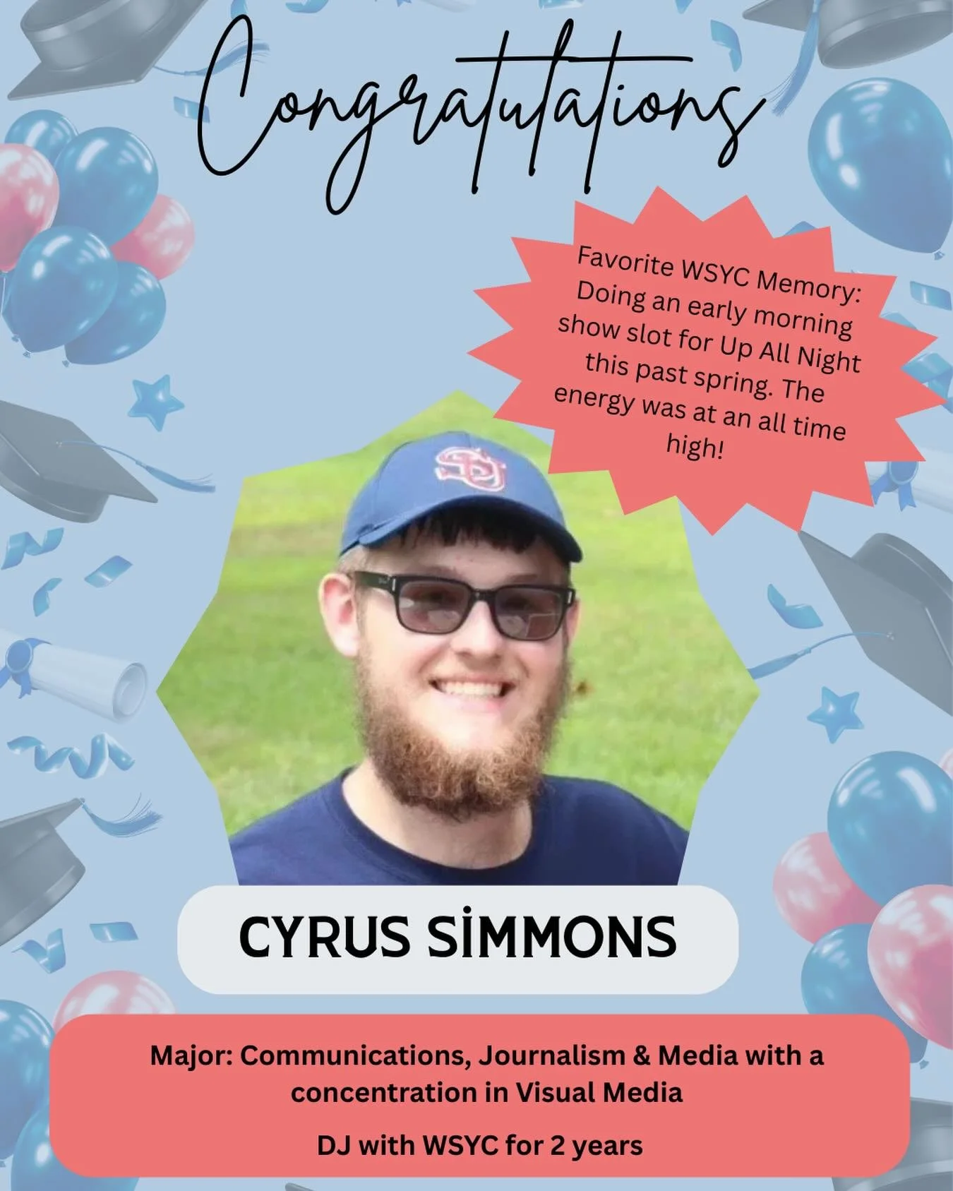 Congratulations to our outgoing news director, Cyrus Simmons, on your graduation 🎓

We wish you the best in the future and we are grateful for your commitment to WSYC 🎙️

@shippensburgu @shipucjm #shippensburguniversity #collegeradio #graduation