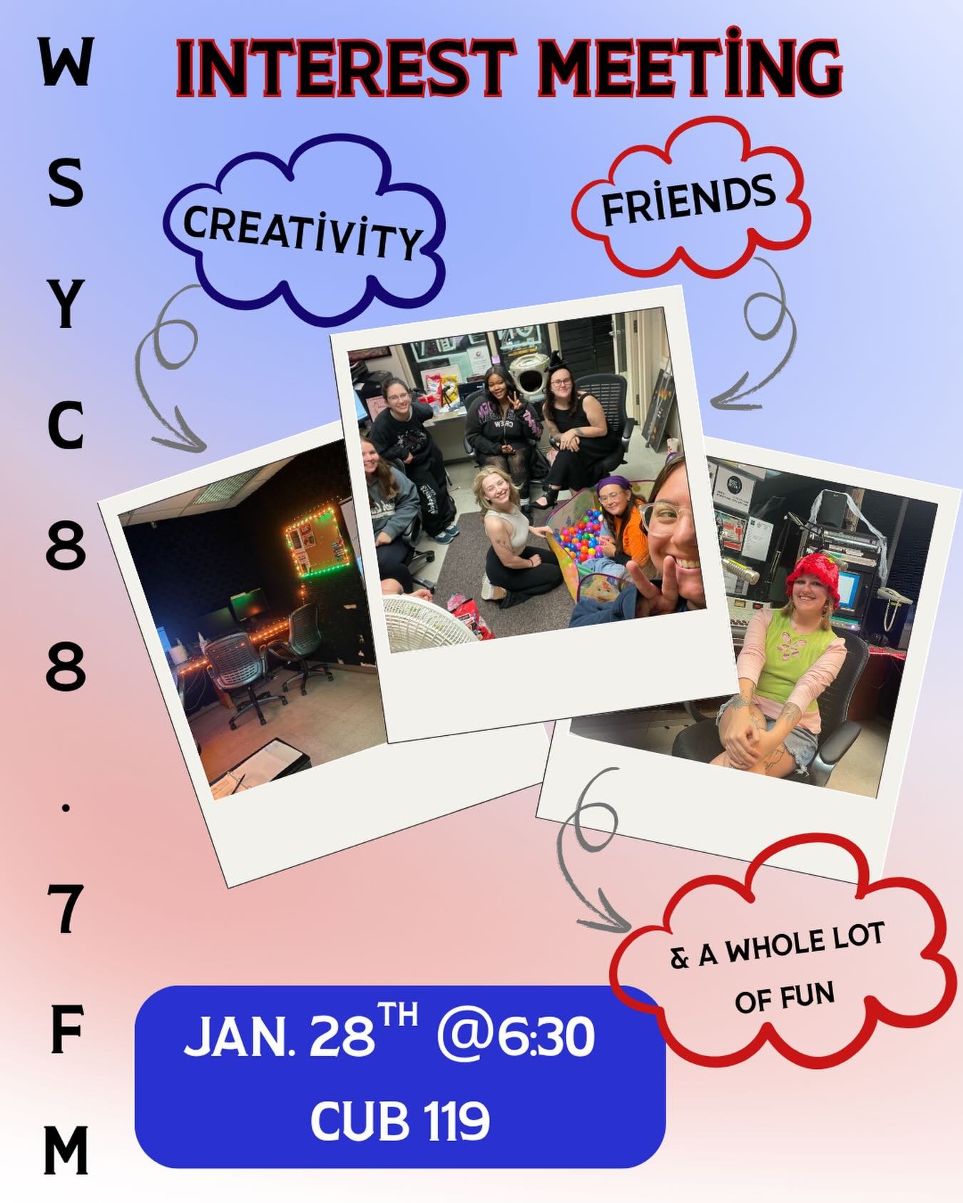 Interested in joining WSYC this semester? Come join us for our first meeting of the year on Wednesday the 28th 🗓️.

We are very excited for what this semester will hold and we hope to see many new faces join our station family 📻!

@shippensburgu @s