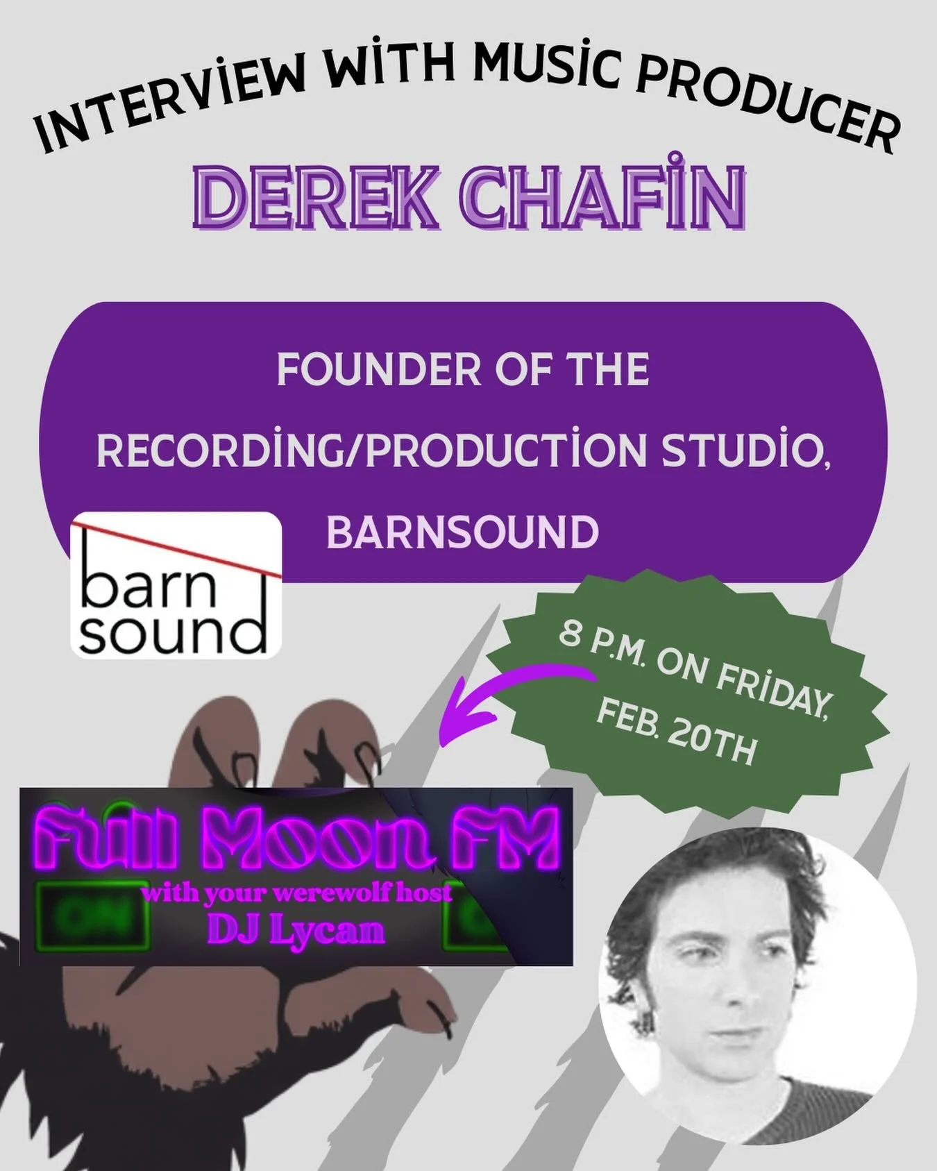 Make sure to tune in to Full Moon F.M. tomorrow night at 8 P.M. for an interview with Derek Chafin 🗣️

Chafin has been in the producing business for over 10 years and opened his own studio in Chester Springs, PA.

Mark your calendars because you are