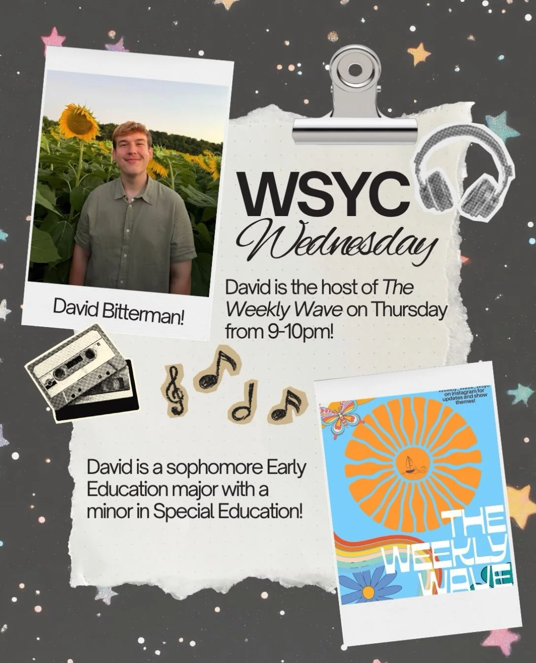 It is #WSYCWednesday!

Today the spotlight is on David Bitterman, the host of @weekly_wave_wsyc which airs on Thursdays from 9-10PM!

David is a sophomore Early Education major with a minor in Special Education. He has been a member of WSYC for 1 sem