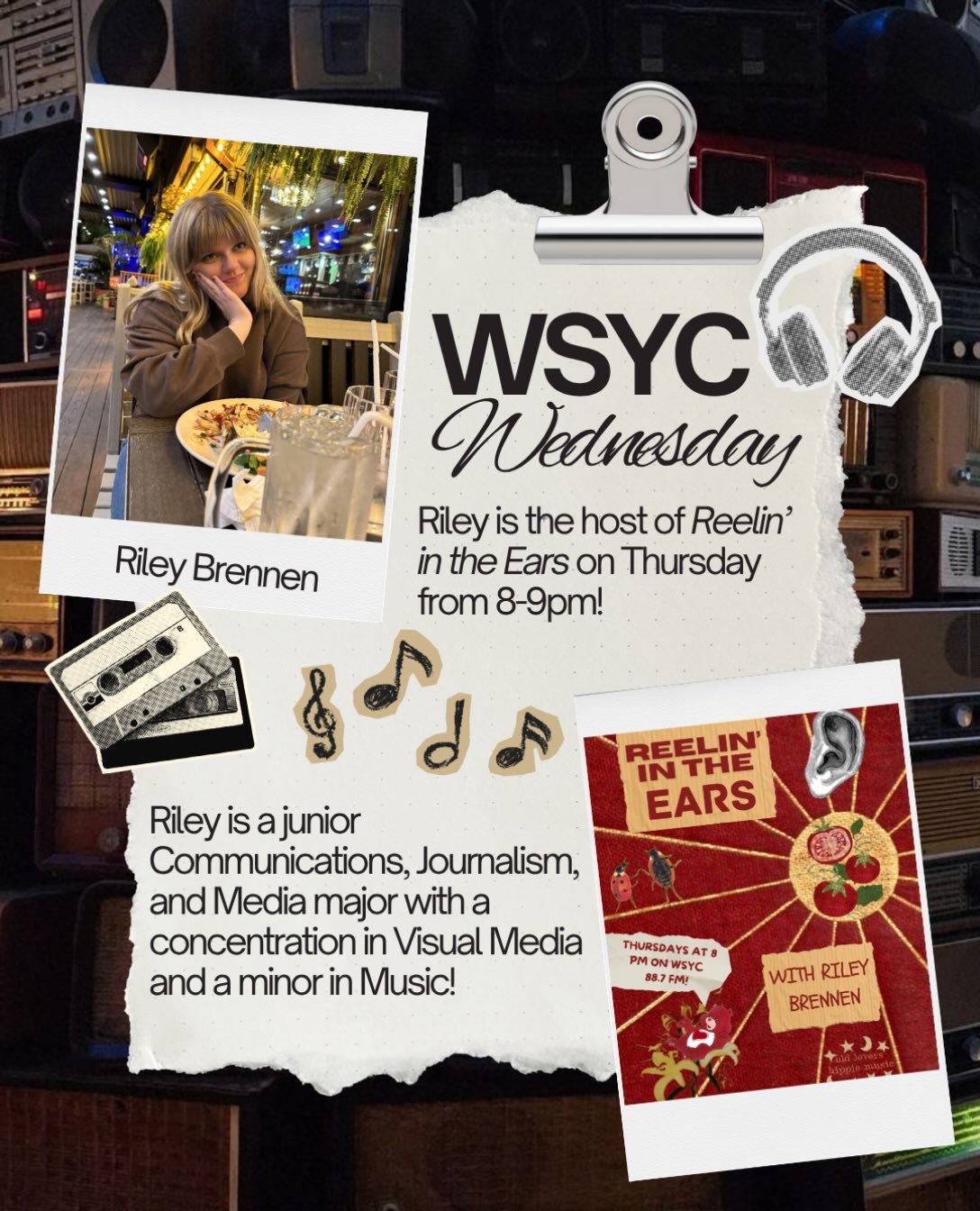 Happy #WSYCWednesday!

Today the spotlight is on Riley Brennen, the host of Reelin&rsquo; in the Ears which airs on Thursdays from 8-9PM!

Riley is a junior Communications, Journalism, and Media major with a concentration in Visual Media and a minor 