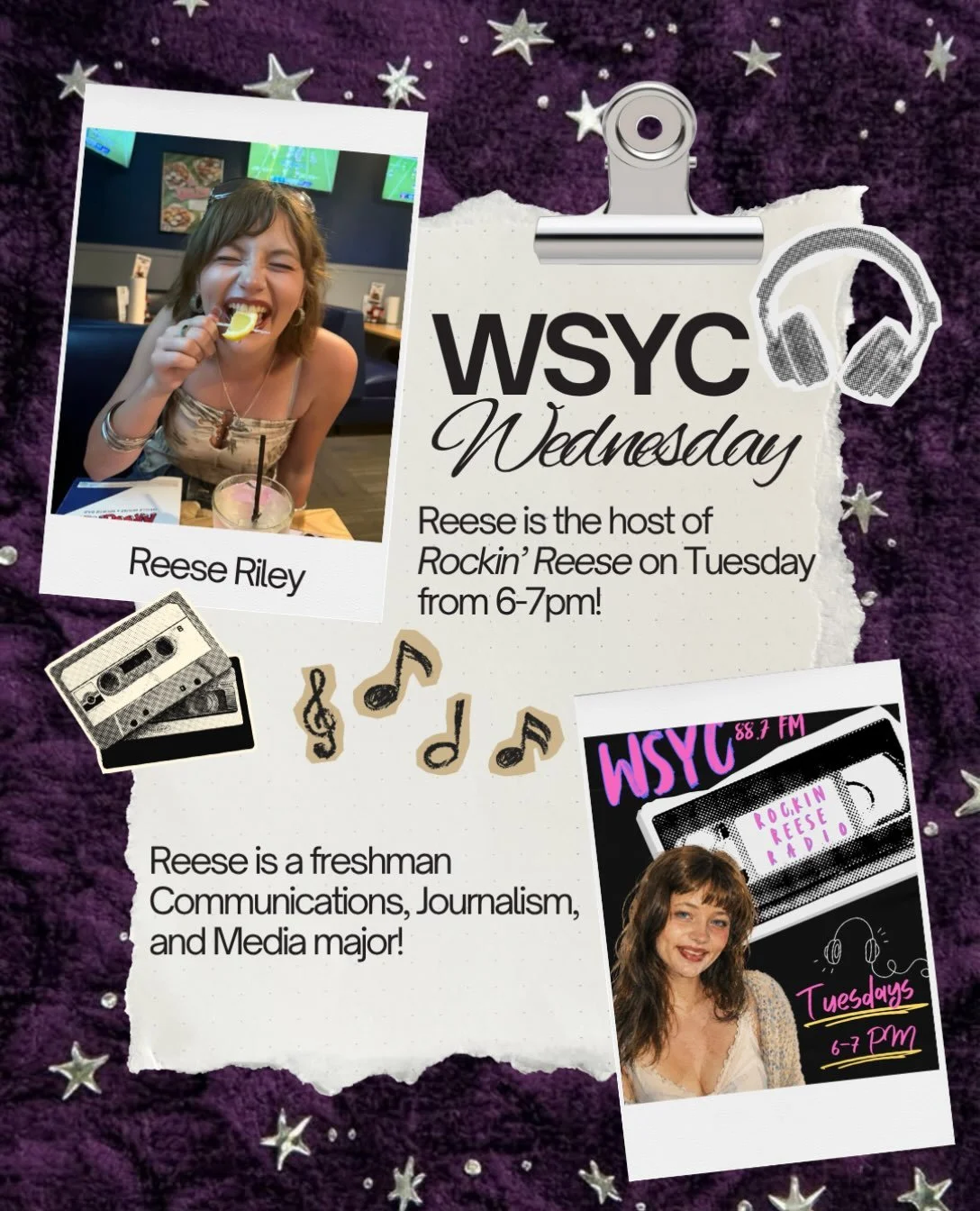 Happy #WSYCWednesday!

Today the spotlight is on Reese Riley, the host of @rockinreeseradio which airs on Tuesdays from 6-7PM!

Reese is a freshman Communications, Journalism, and Media major. She has been a member of WSYC for 1 semester! Here are so