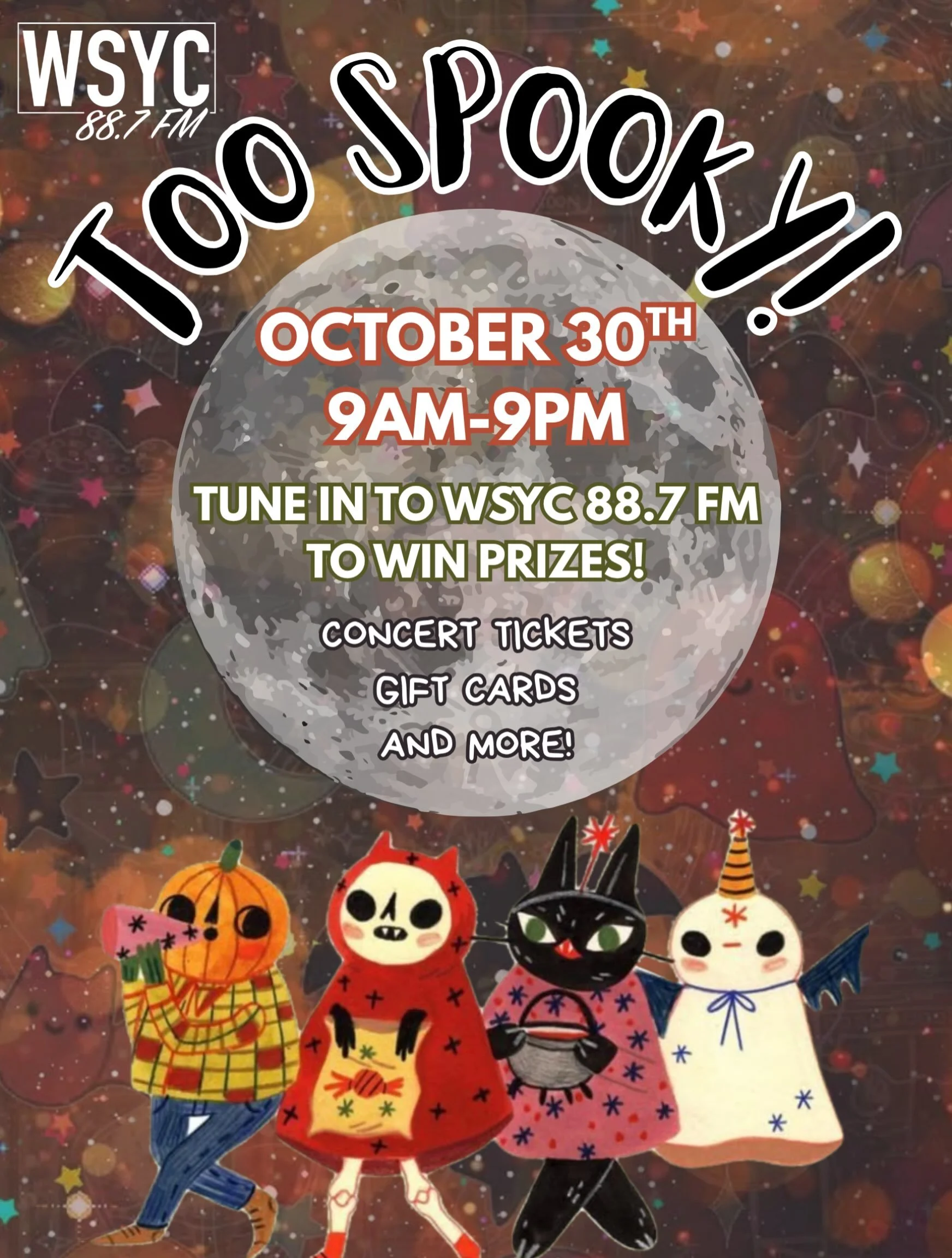 Get ready for TOO SPOOKY!! 🎃🕸️

Tune in to WSYC 88.7 FM on October 30th, 9AM&ndash;9 PM for a prize giveaway EVERY HOUR! 👻📻
*Only Shippensburg students are eligible for prizes!*

@shippensburgu @shipucjm 
#collegeradio #collegeradiostation #shipp