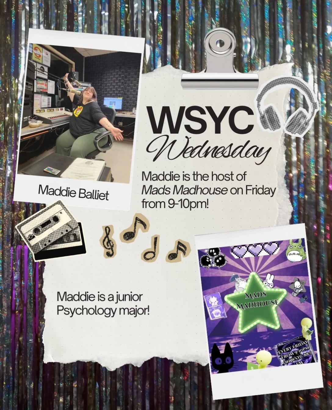 It is #WSYCWednesday!

Today the spotlight is on Maddie Balliet, the host of Mads Madhouse which airs on Fridays from 9-10PM!

Maddie is a junior Psychology major. She has been a member of WSYC for 1 semester! Here are some facts about Maddie!

🎙️Fa