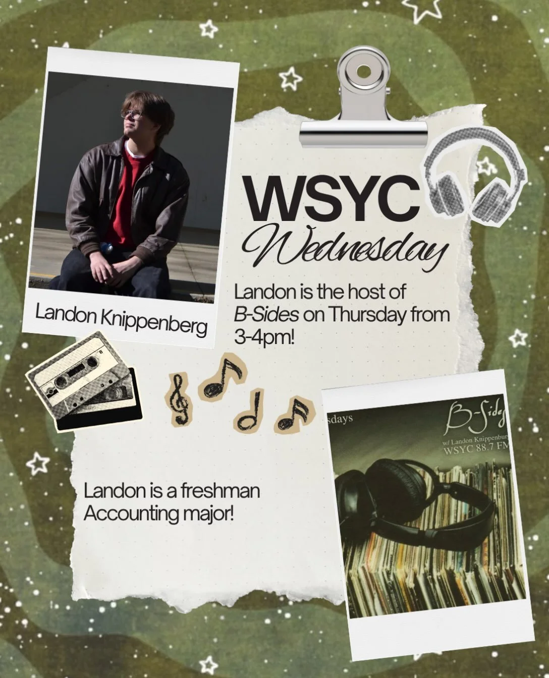 It is #WSYCWednesday!

Today the spotlight is on Landon Knippenberg, the host of @bsides_88.7 which airs on Thursday from 3-4PM!

Landon is a freshman Accounting major. He has been a member of WSYC for 1 semester! Here are some facts about Landon!

?
