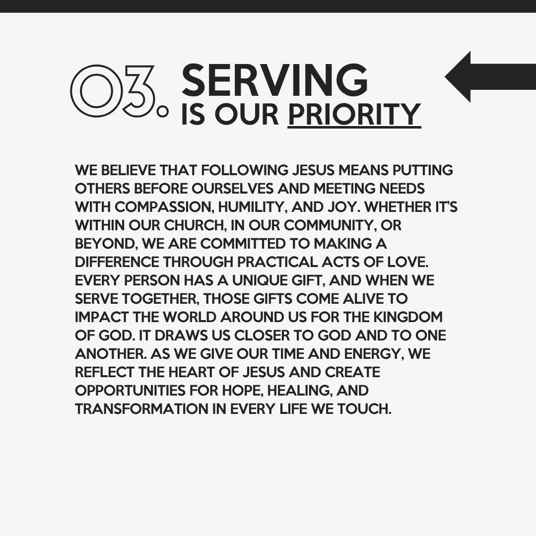 A page with the heading 'Serving is our Priority', explaining the importance of service and serving others as a reflection of Jesus' example, emphasizing humility and spiritual growth.