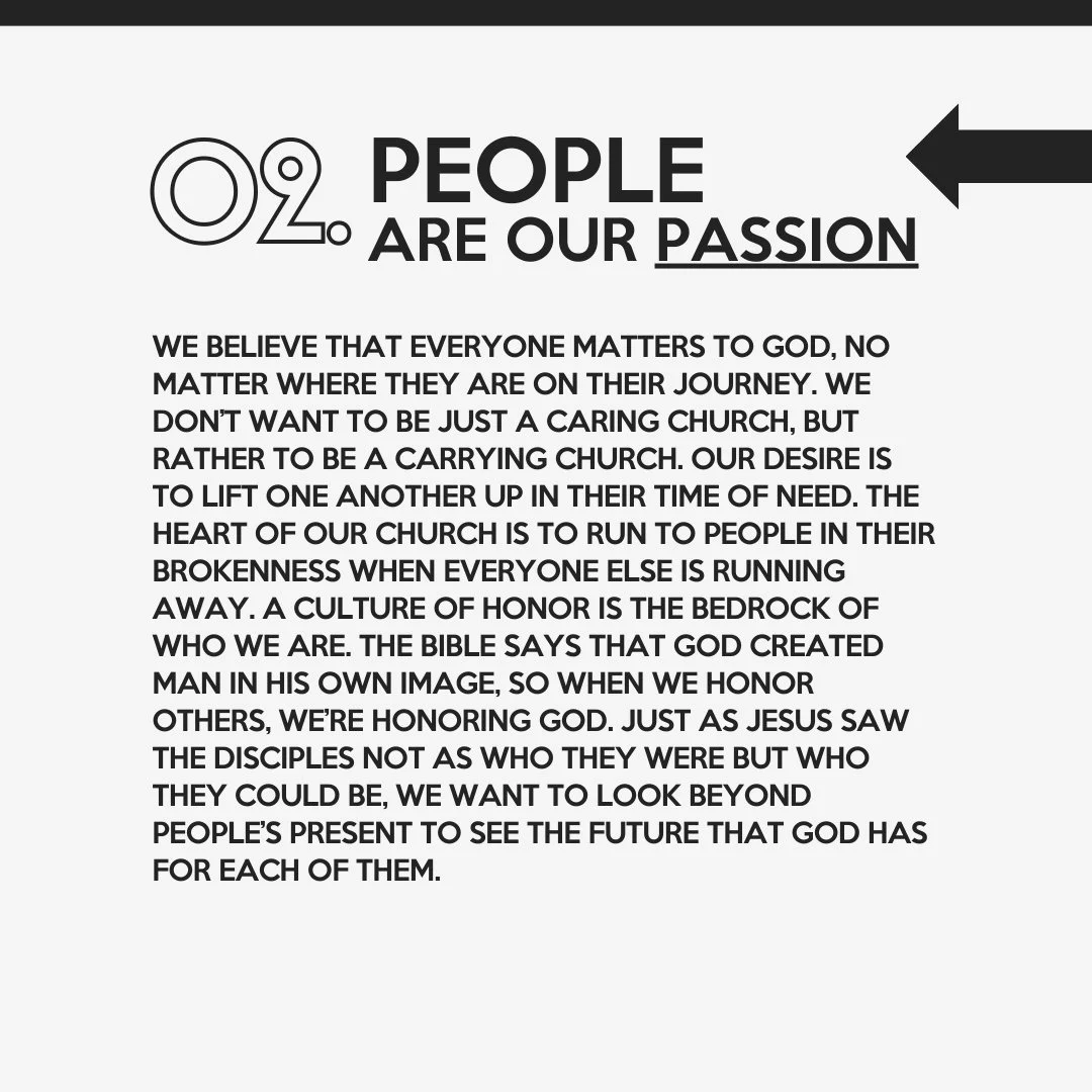 A poster with text emphasizing that people are our passion, highlighting the importance of honoring others and looking beyond their current state to their potential in God's image.