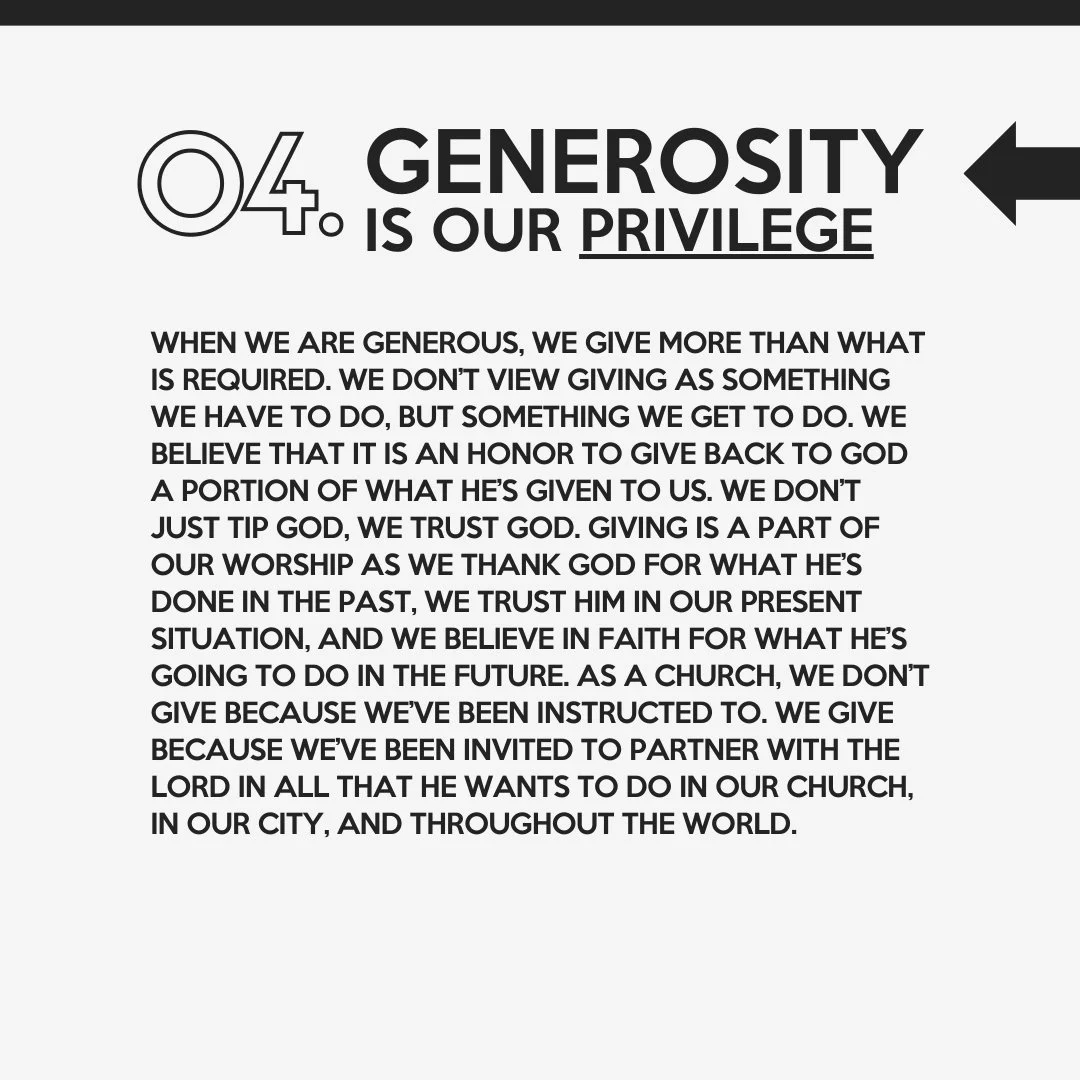 A church message about the importance of generosity, emphasizing that generosity is a privilege and part of worship. The text highlights giving as an act of trust, faith, and partnership with God, and mentions giving in the context of church, city, and world.