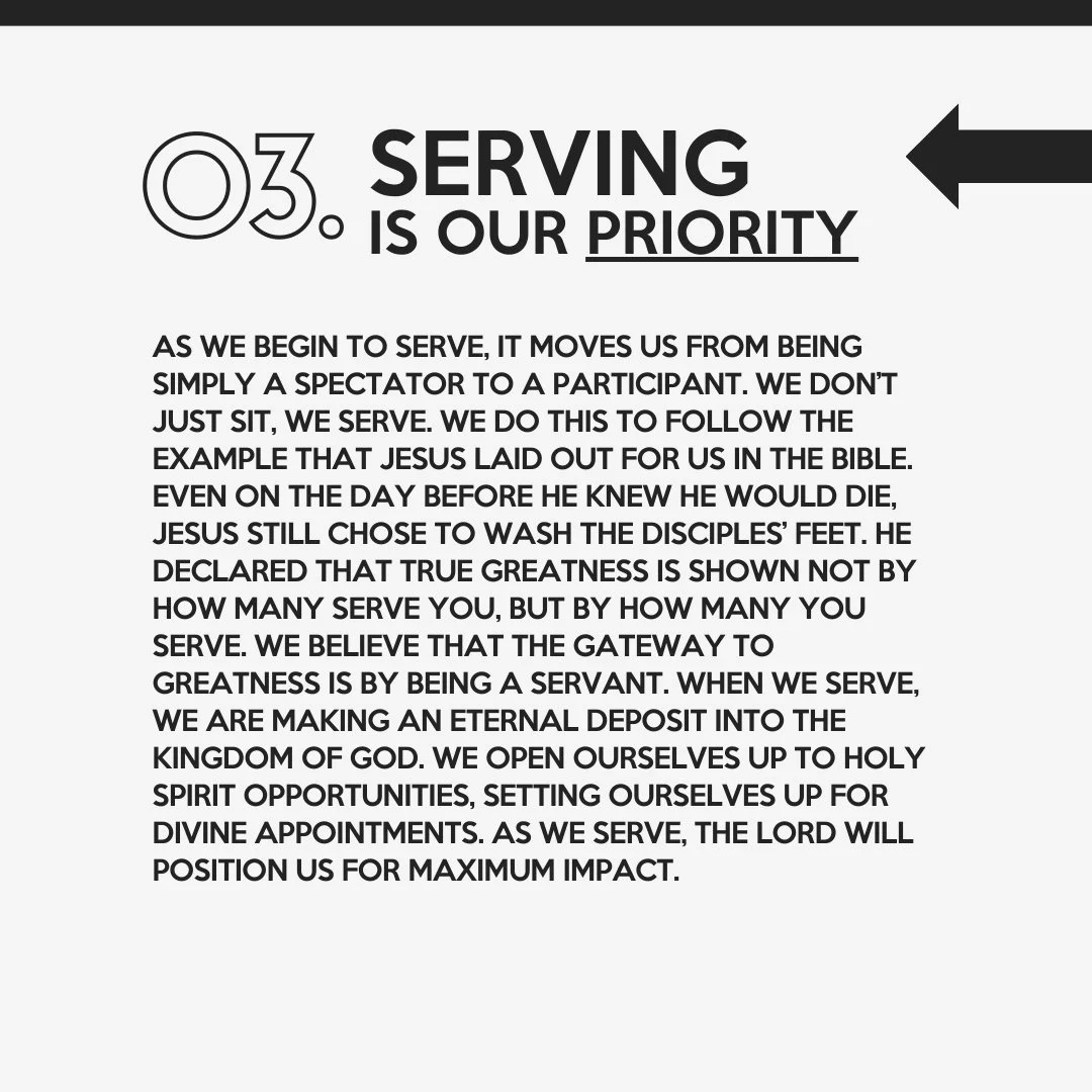A page with a title '03. Serving is our priority' and a paragraph about the importance of service, referencing Jesus washing disciples' feet and encouraging believers to serve others for spiritual growth.