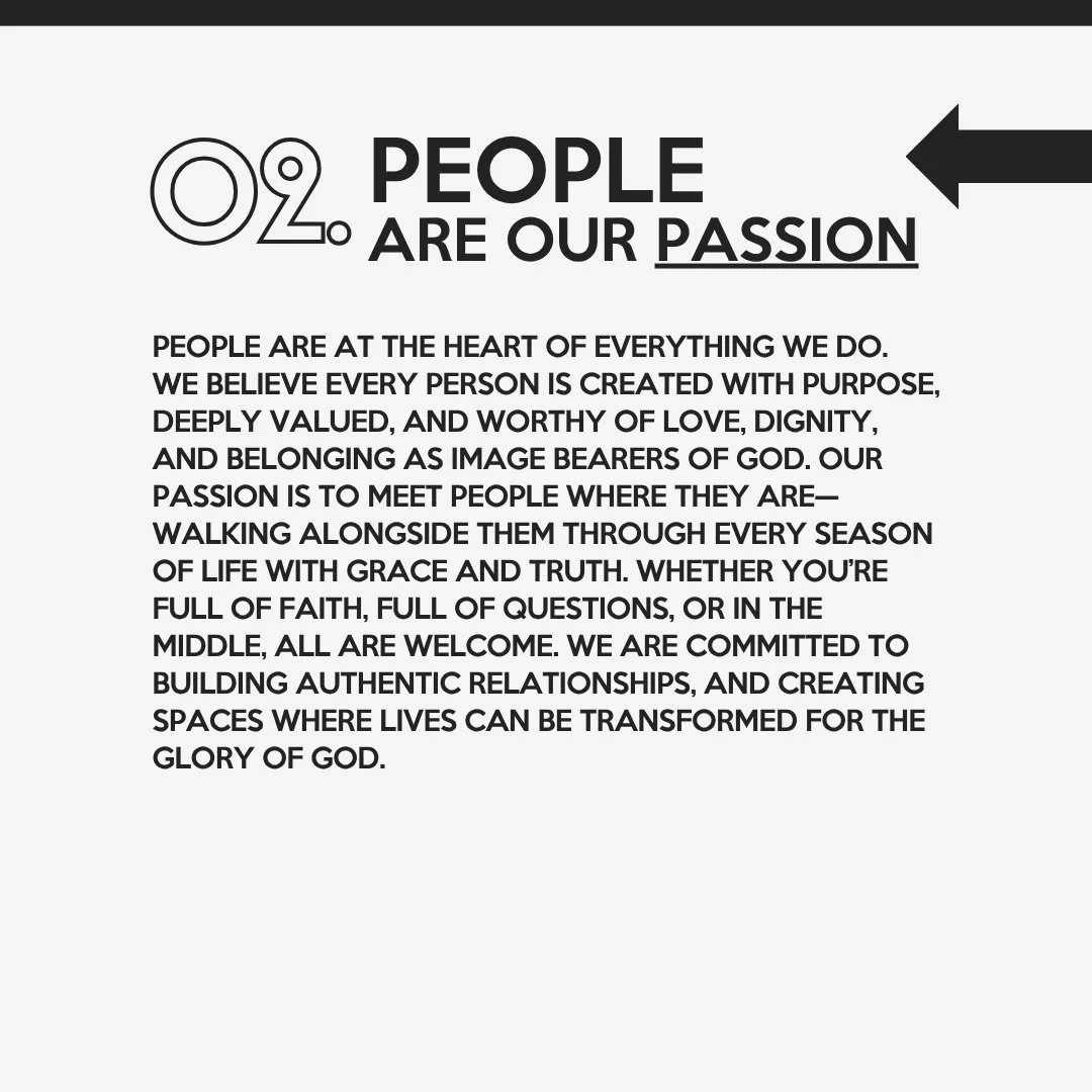 Text on a poster reads '02 PEOPLE ARE OUR PASSION' with a black arrow pointing to the right, followed by a paragraph about believing everyone matters to God, the importance of honoring others, and looking beyond present circumstances to God's future plan for them.