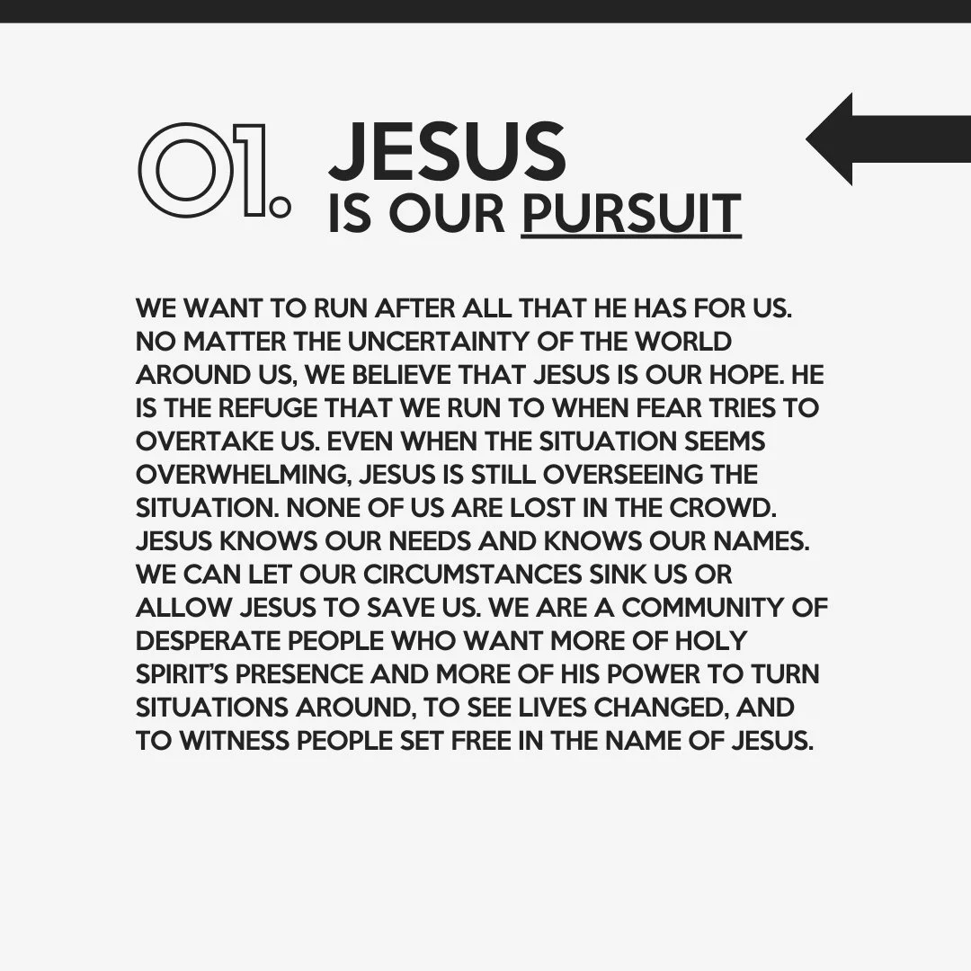 A religious poster with the number 01 and the phrase Jesus is our pursuit, along with a paragraph about faith and community in churches, featuring a black arrow pointing left.