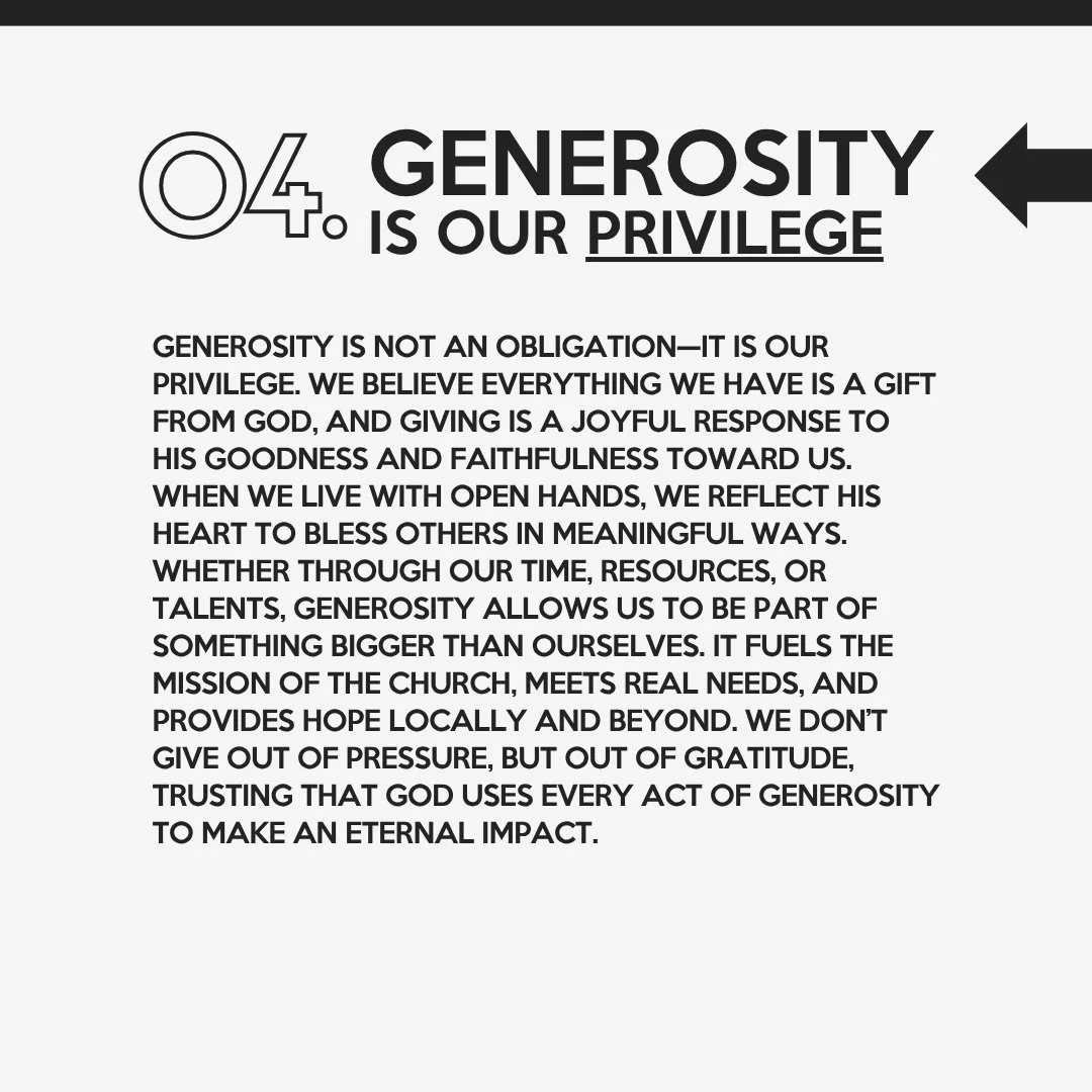 Text on white background about generosity as a privilege, with a black arrow pointing left.