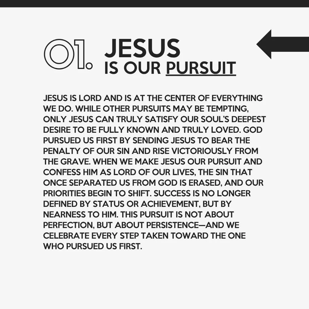 A Christian church presentation slide with a message about pursuing Jesus as a priority, featuring a bold heading, explanatory text, and a black arrow pointing to the right.