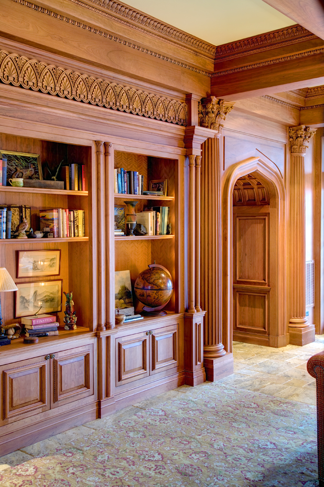  Closeup of&nbsp;library cabinetry in the Corinthian order 