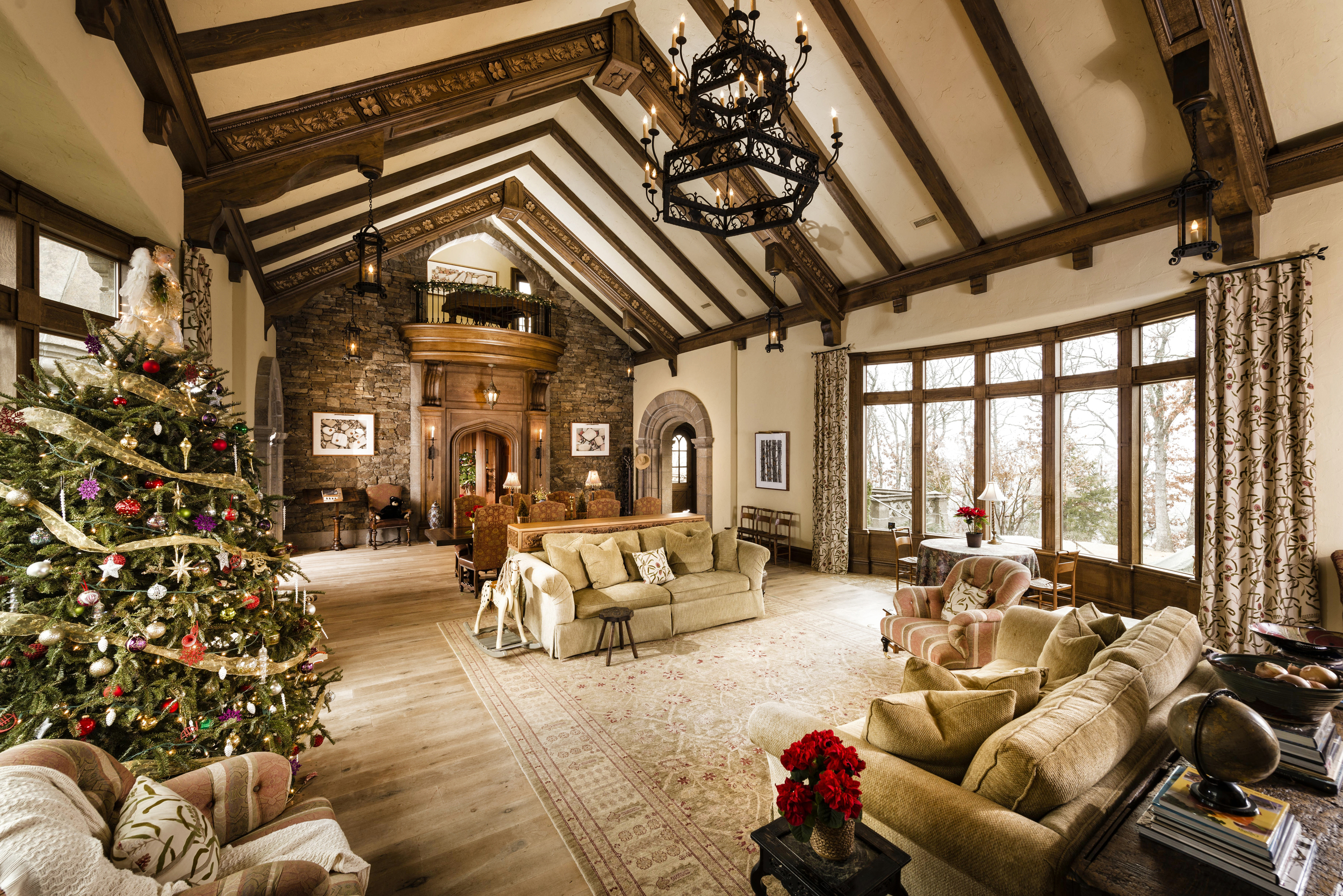  The great room at Christmastime. Looking north towards entry and library. 