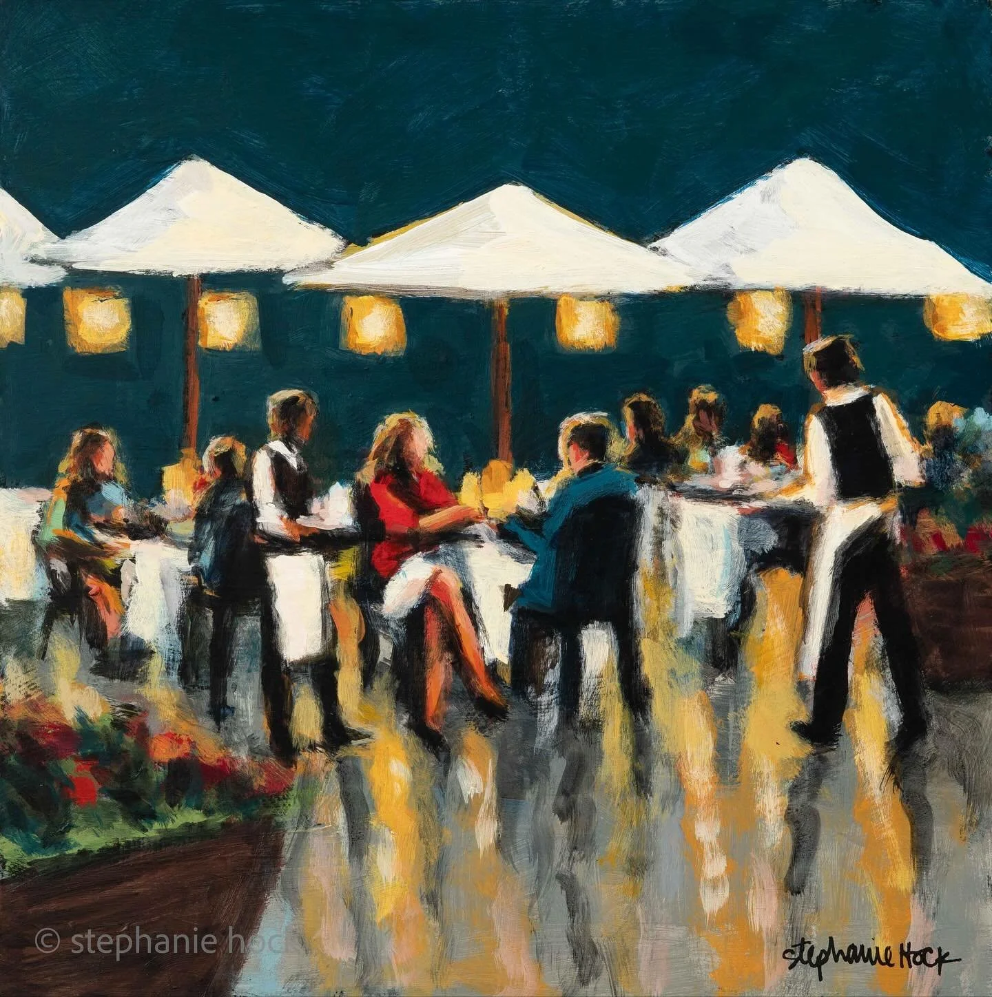 This started out as a casual cafe scene, but I painted that front woman in red and she looked so elegant that it changed the whole vibe. I still love the opposites on the color wheel and I wanted to help her pop, so I mixed the deepest, richest green