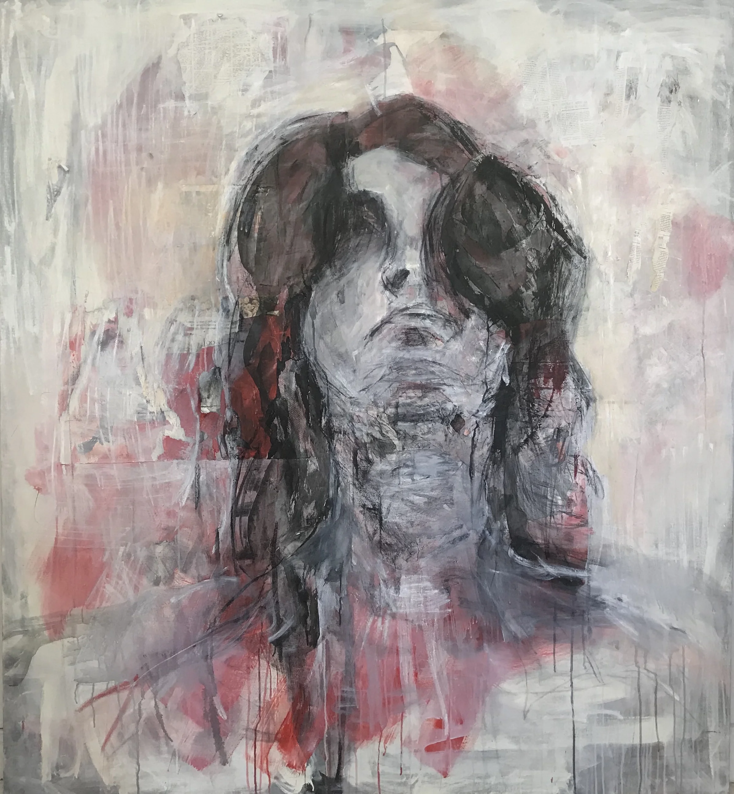 Until clarity comes , ink, charcoal, found magazines, oil stick and acrylic paint on canvas, 173 cm x 168 cm