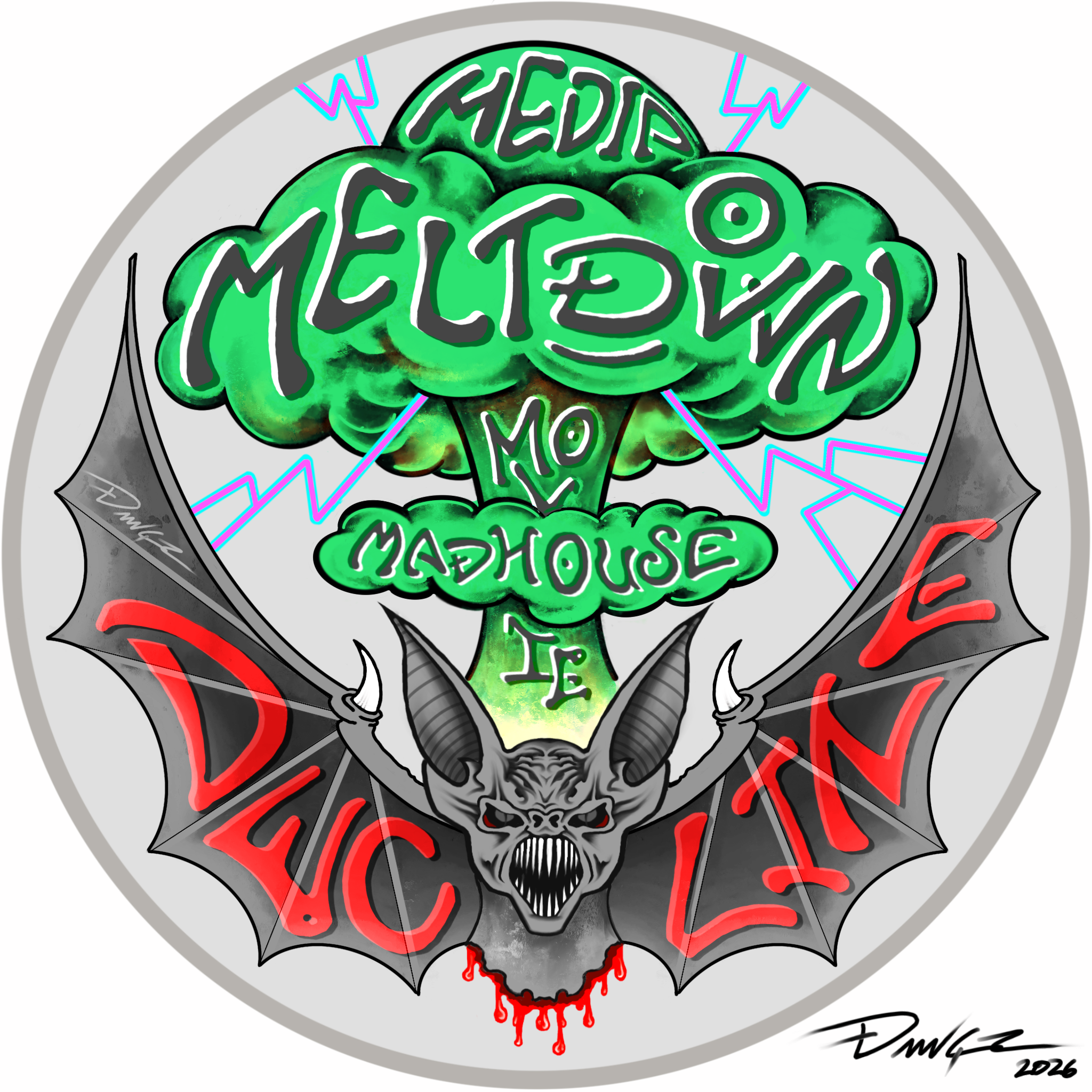 Medial Meltdown Movie Madhouse (button art) - Decline of Western Civilization II - 
Digital Illustration (2026)
