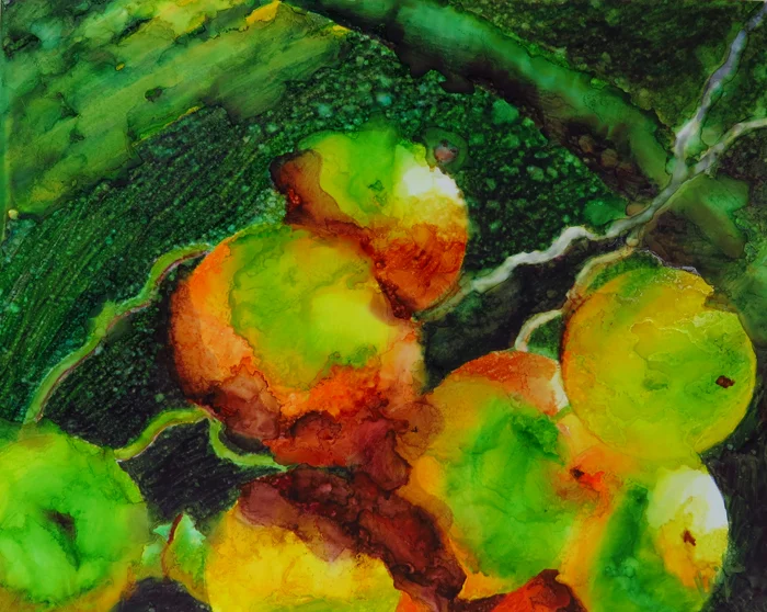 "Rain-Washed Dates", ink on yupo