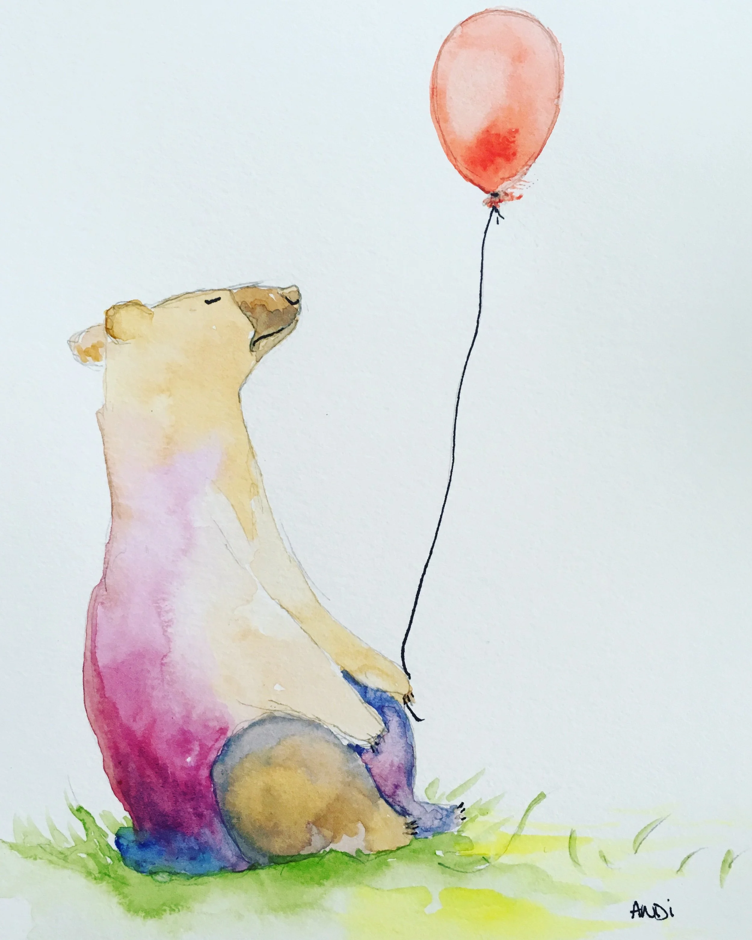Bear and Balloon. Watercolor on paper. 11x14 inches
