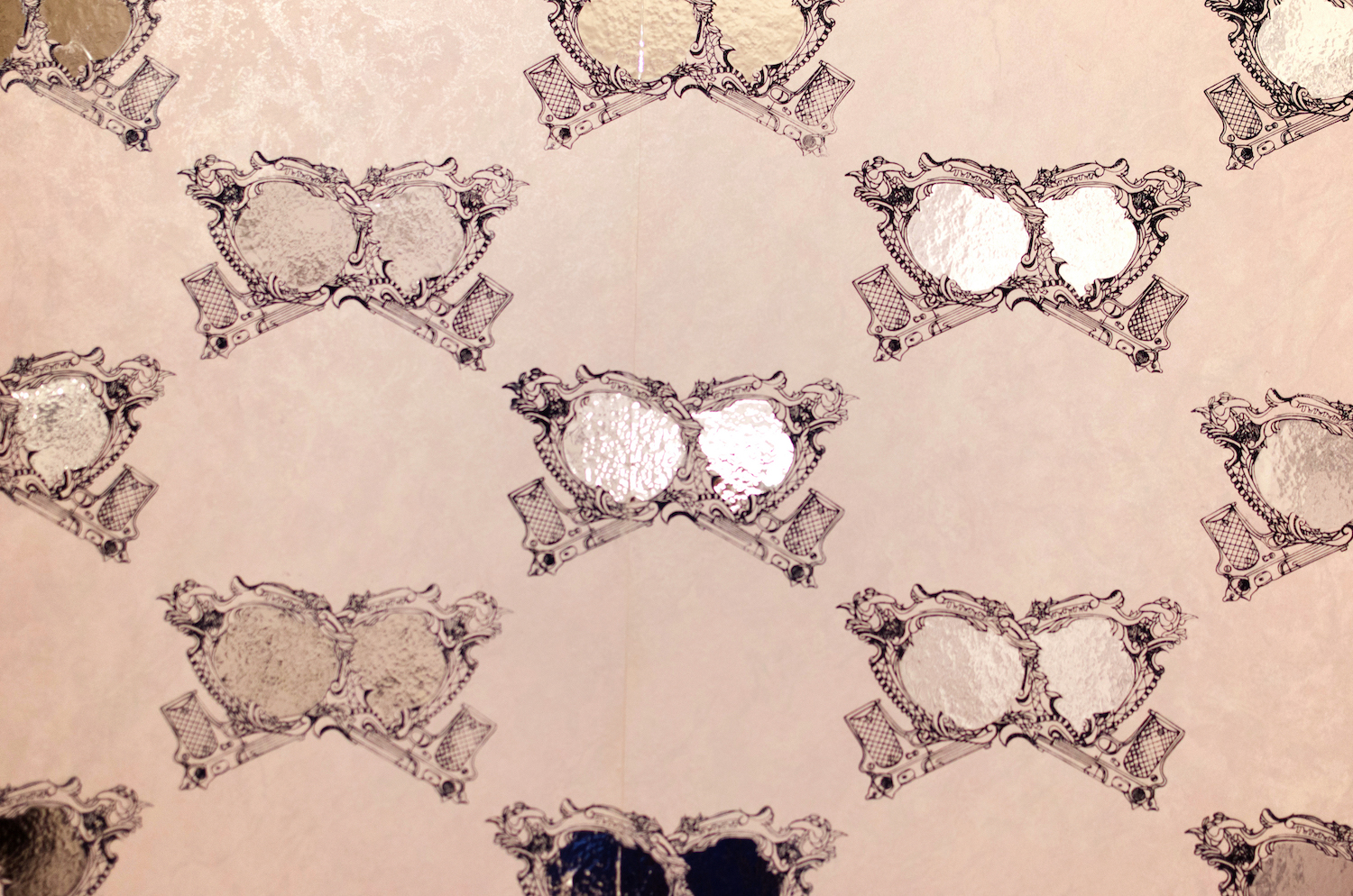  Wallpaper Detail. Screenprint repeat pattern on wallpaper. Additional reflective vinyl decal. 200 sq ft studio installation.&nbsp; 