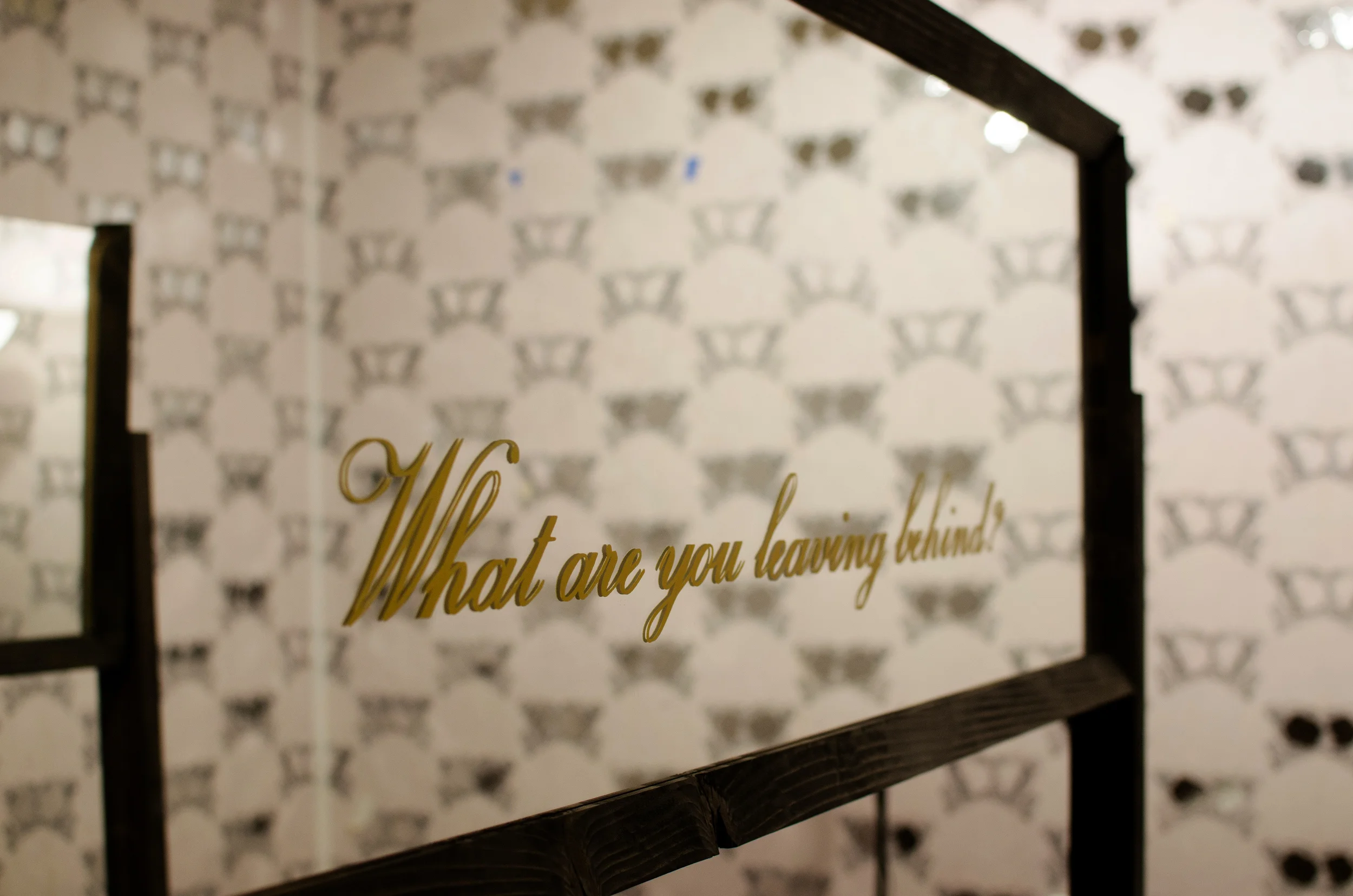  Mirror Installation. Screenprint on Mirror panel, wooden frame. 16x62.&nbsp; 