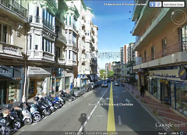 Boulevard Princesse Charlotte, Monte Carlo, Monaco. Screen capture using Google Earth.