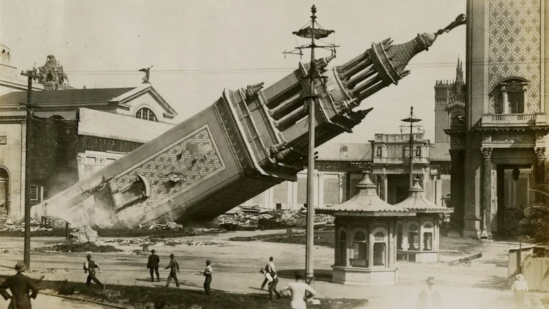 Deconstruction of the Italian Tower, c. 1916. (Courtesy California Historical Society