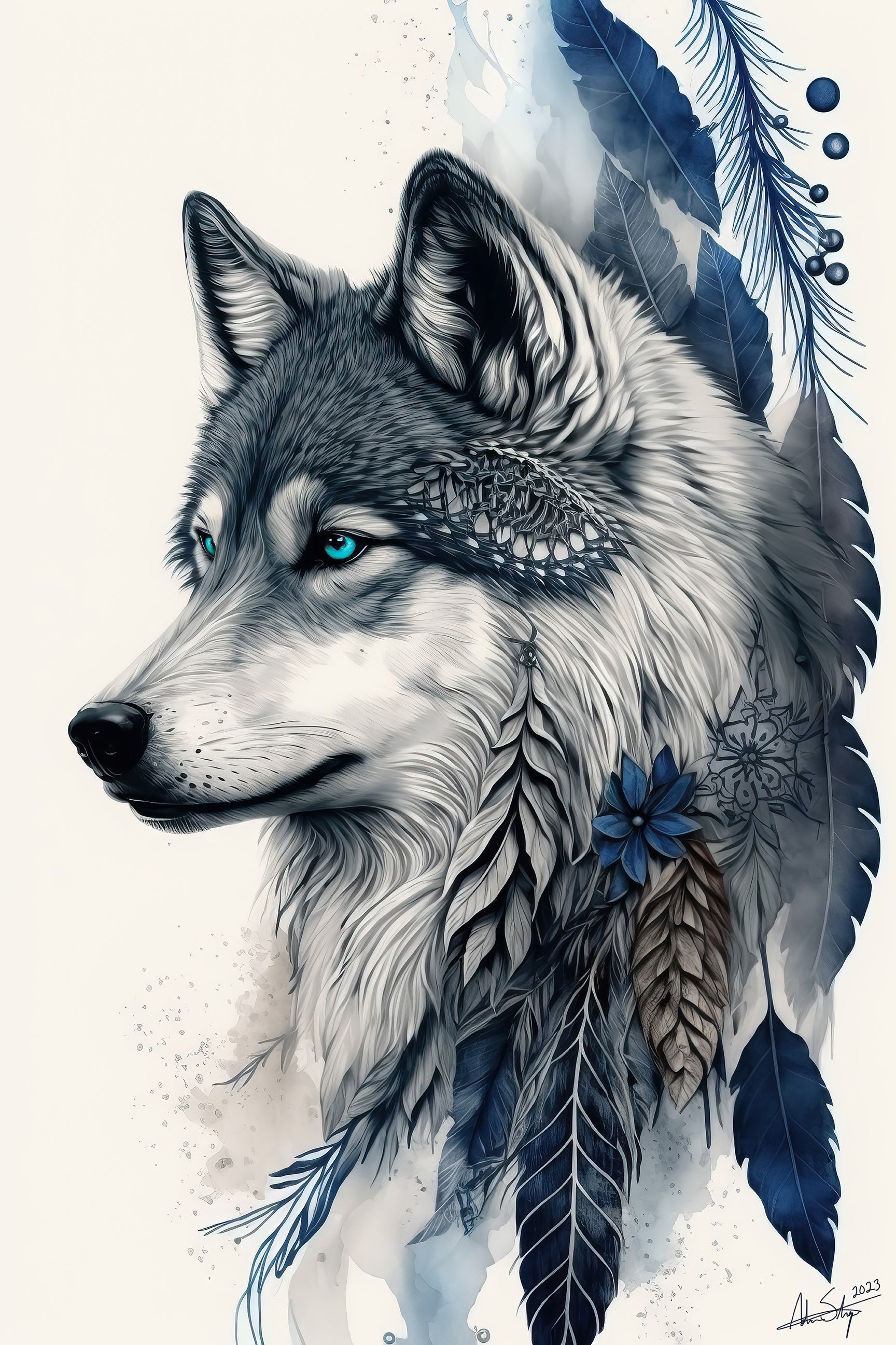 Native American Wolf | Animal Art Dreamcatcher Picture Watercolor Boho Wall Canvas Prints Metal Decor