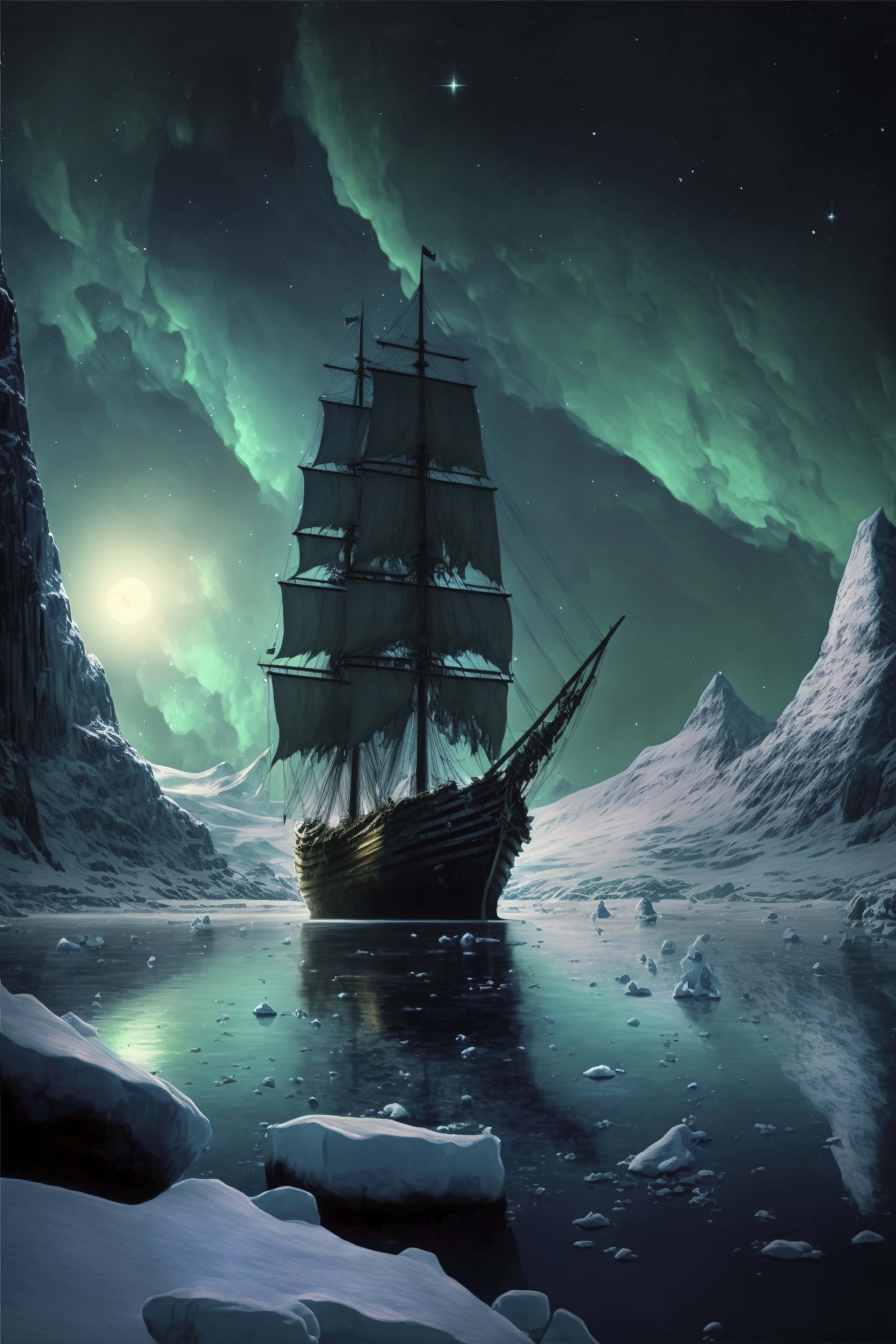 Aurora Ship | Arctic Ocean Borealis Digital Painting Boat Art Nature Decor Modern Wall Canvas Prints Metal