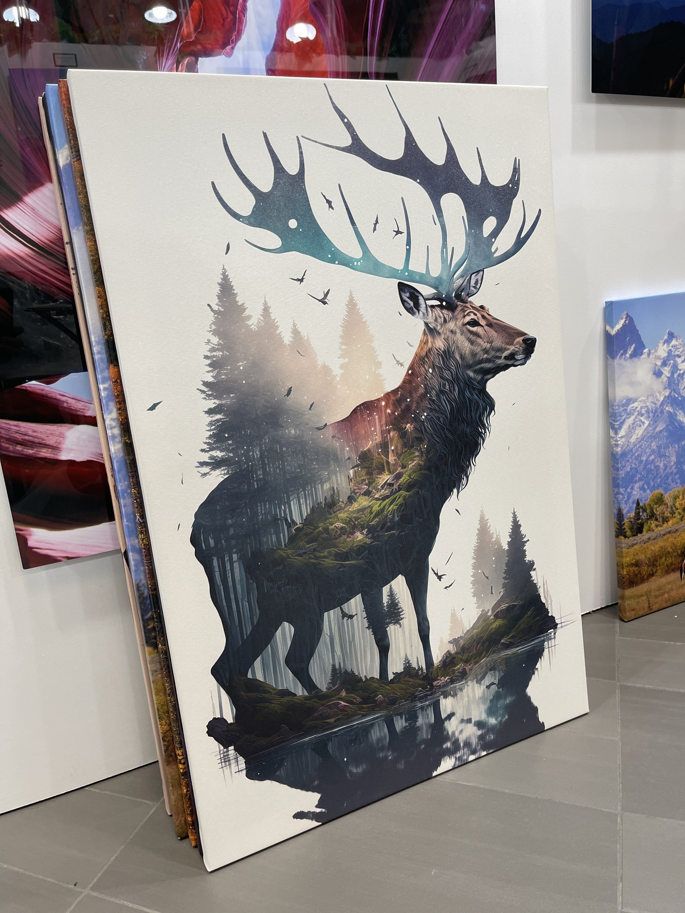 Deer Forest | Double Exposure Art Nature Decor Modern Wall Canvas Prints Metal Painting Cabin