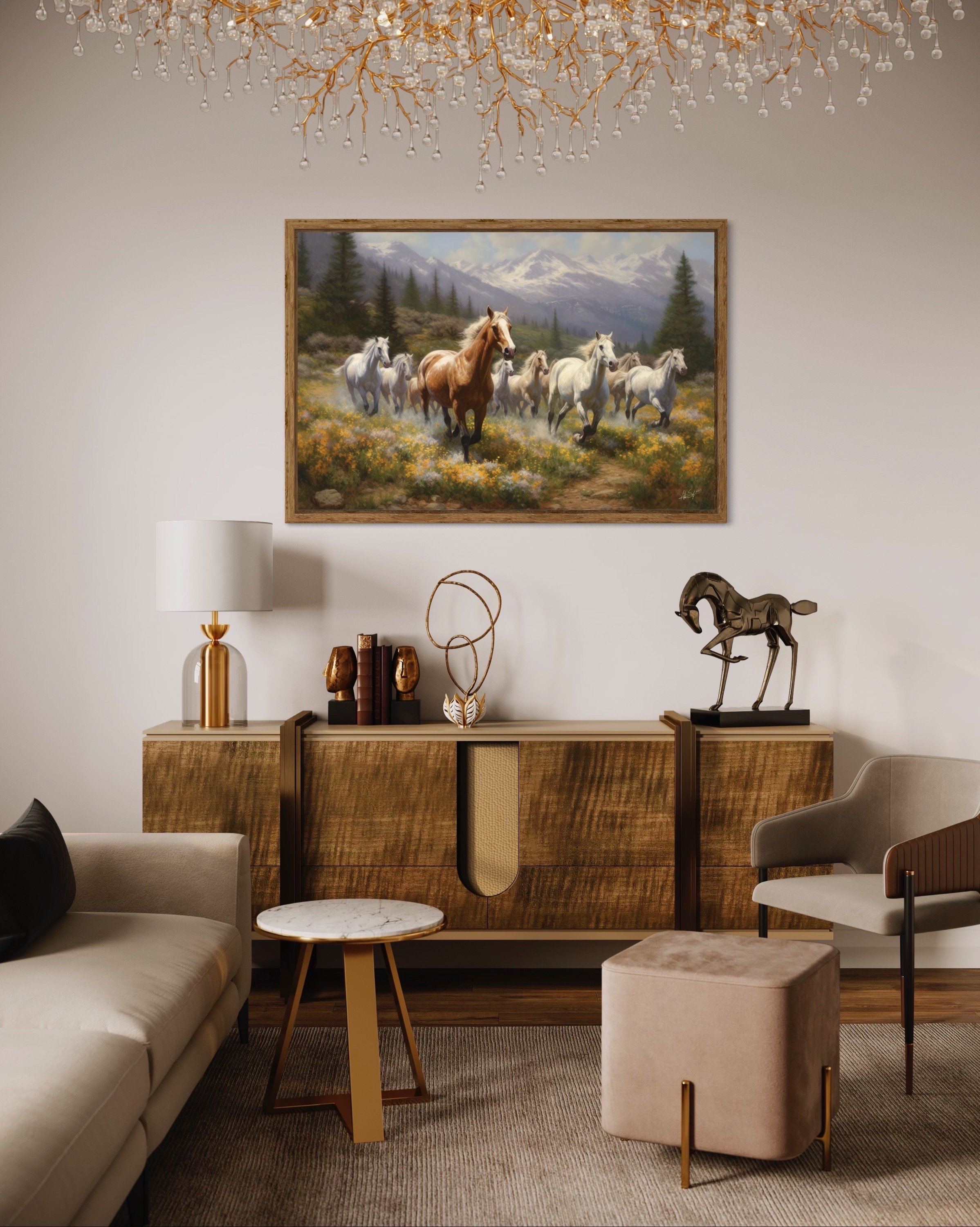 Free Roam | Horse Art Wild Painting Running Horses Floral Meadow Traditional Canvas Metal Wall Classic Home Decor