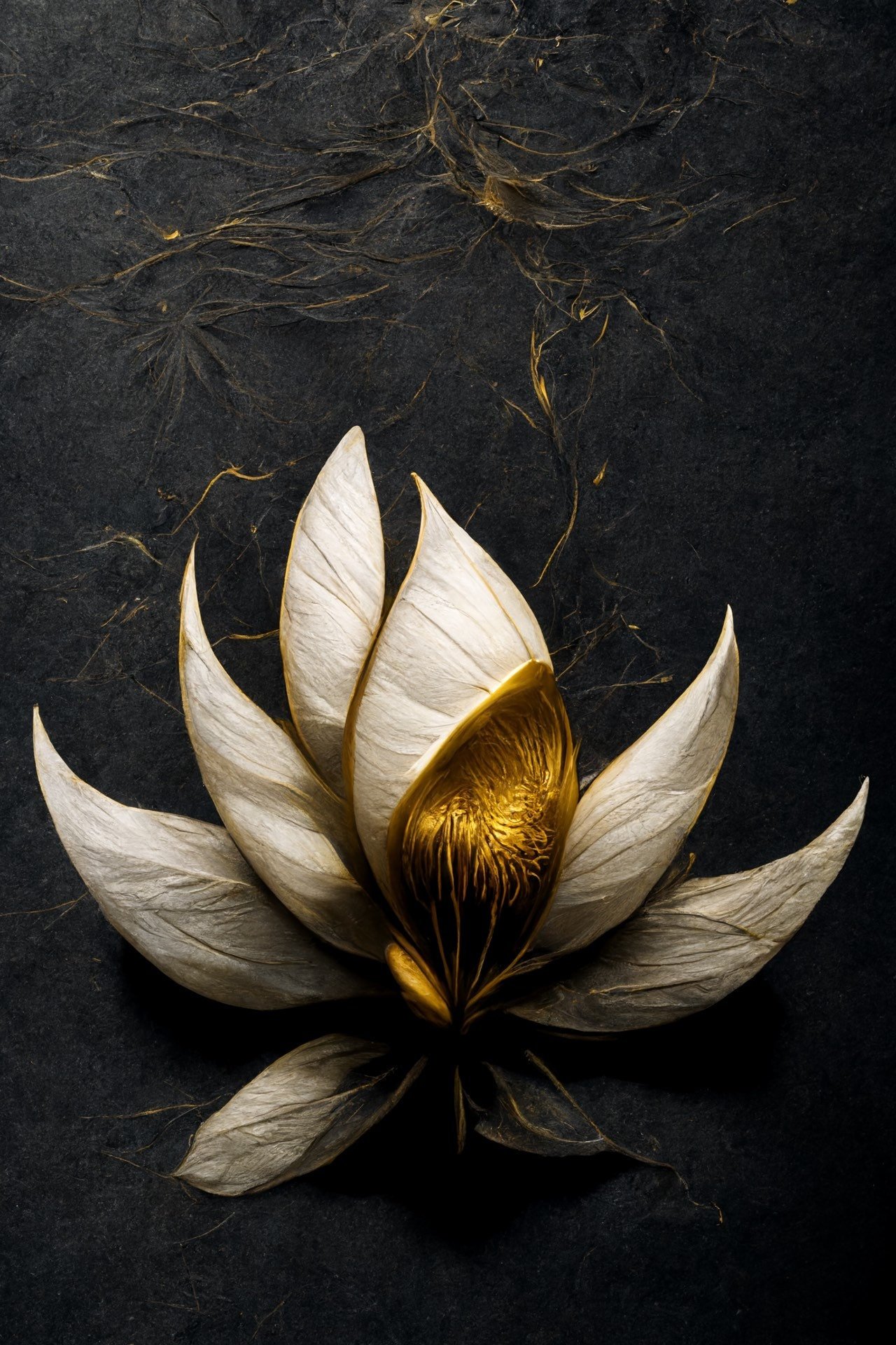 White Lotus | Gold and Black Chinese Painting of Flower Modern Wall Art Canvas Prints Metal Floral Work