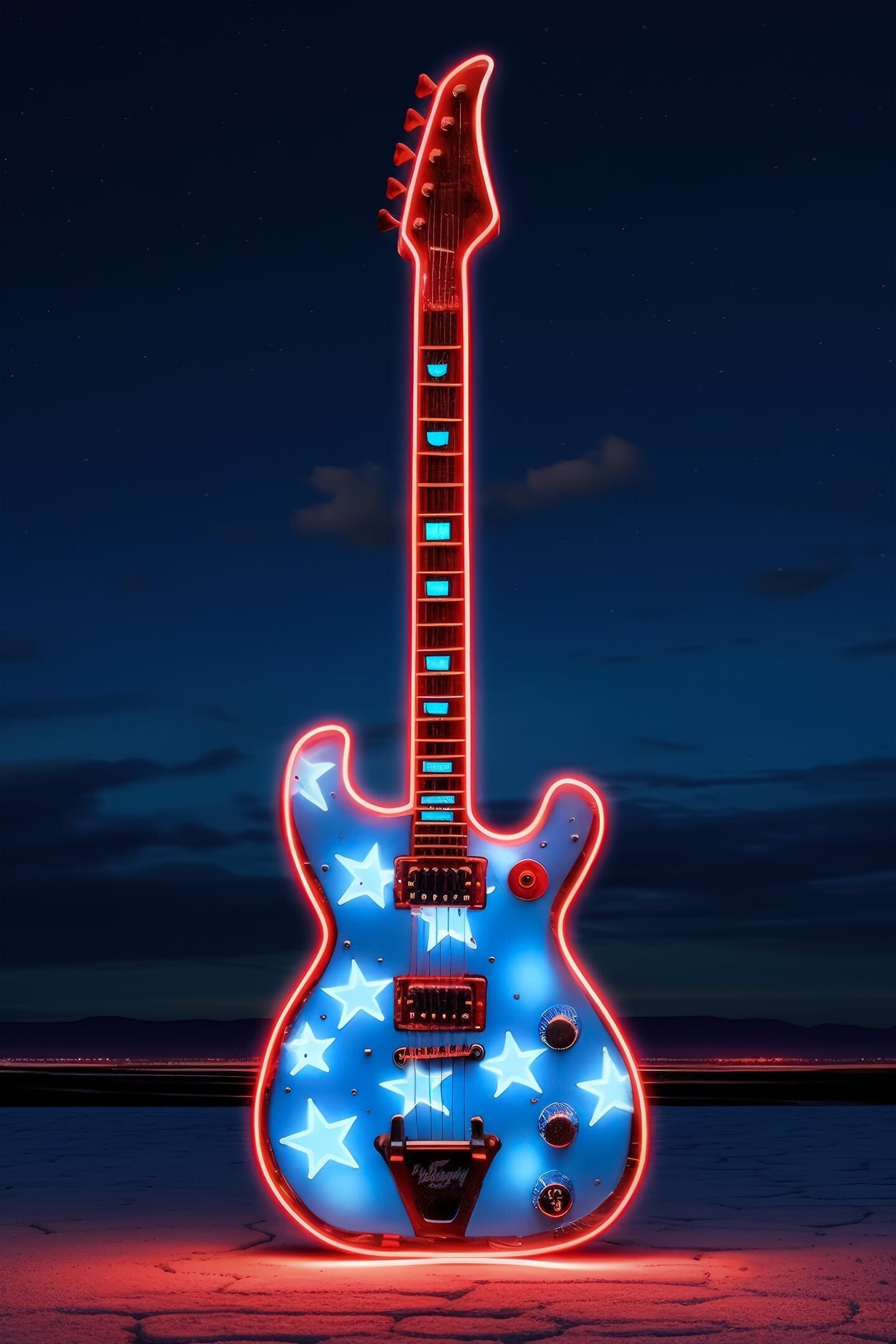 Electric USA | Guitar Art Stars and Stripes God Bless America Neon Music Instrument Modern Canvas Metal Prints Decor