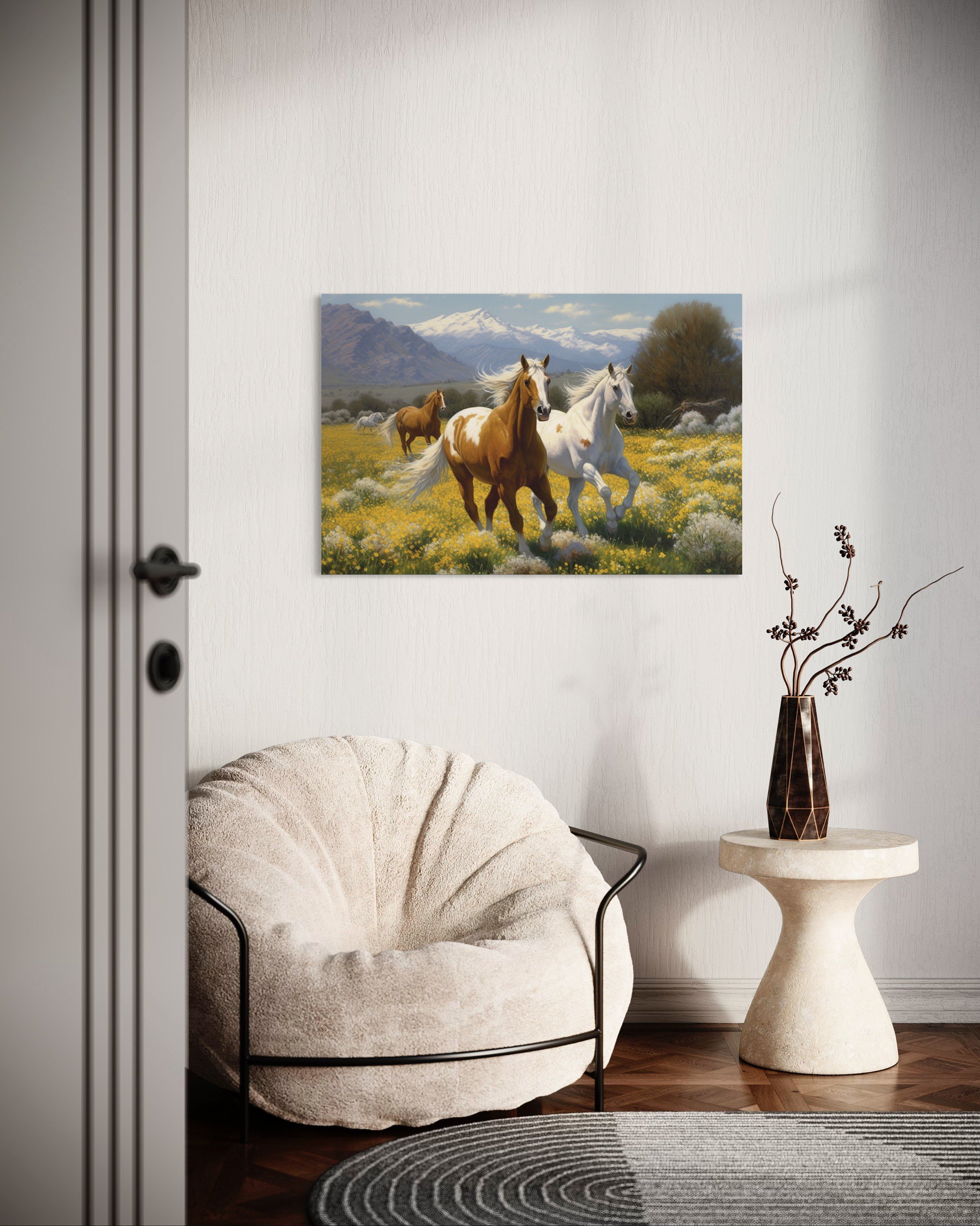 Free Spirits | Horse Painting Wildlife Nature Golden Flowers Romantic Traditional Canvas Metal Wall Art Home Decor