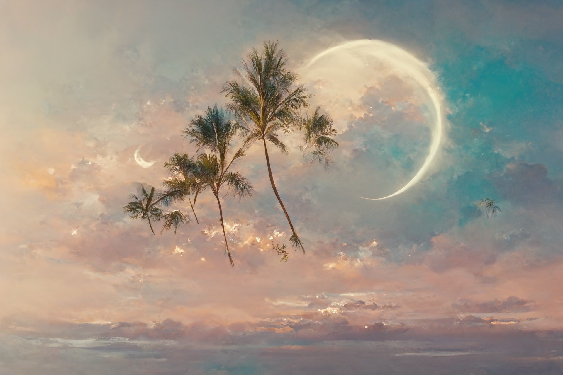 Crescent Palms | Pastels Moon on the beach Island Pictures Canvas Prints Metal Hawaii Wall Art