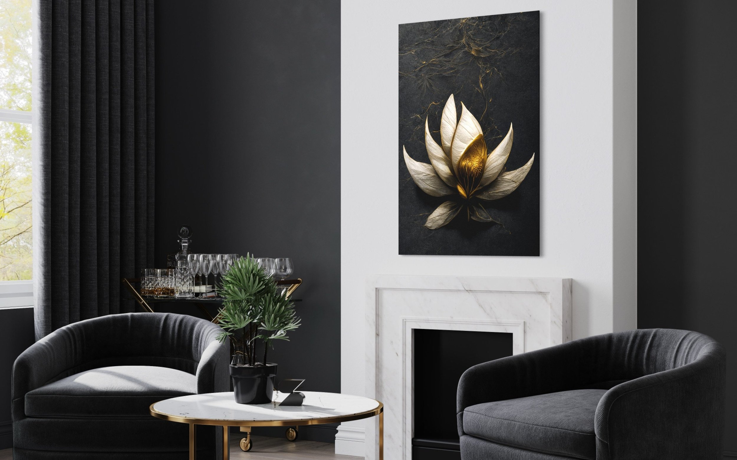 White Lotus | Gold and Black Chinese Painting of Flower Modern Wall Art Canvas Prints Metal Floral Work