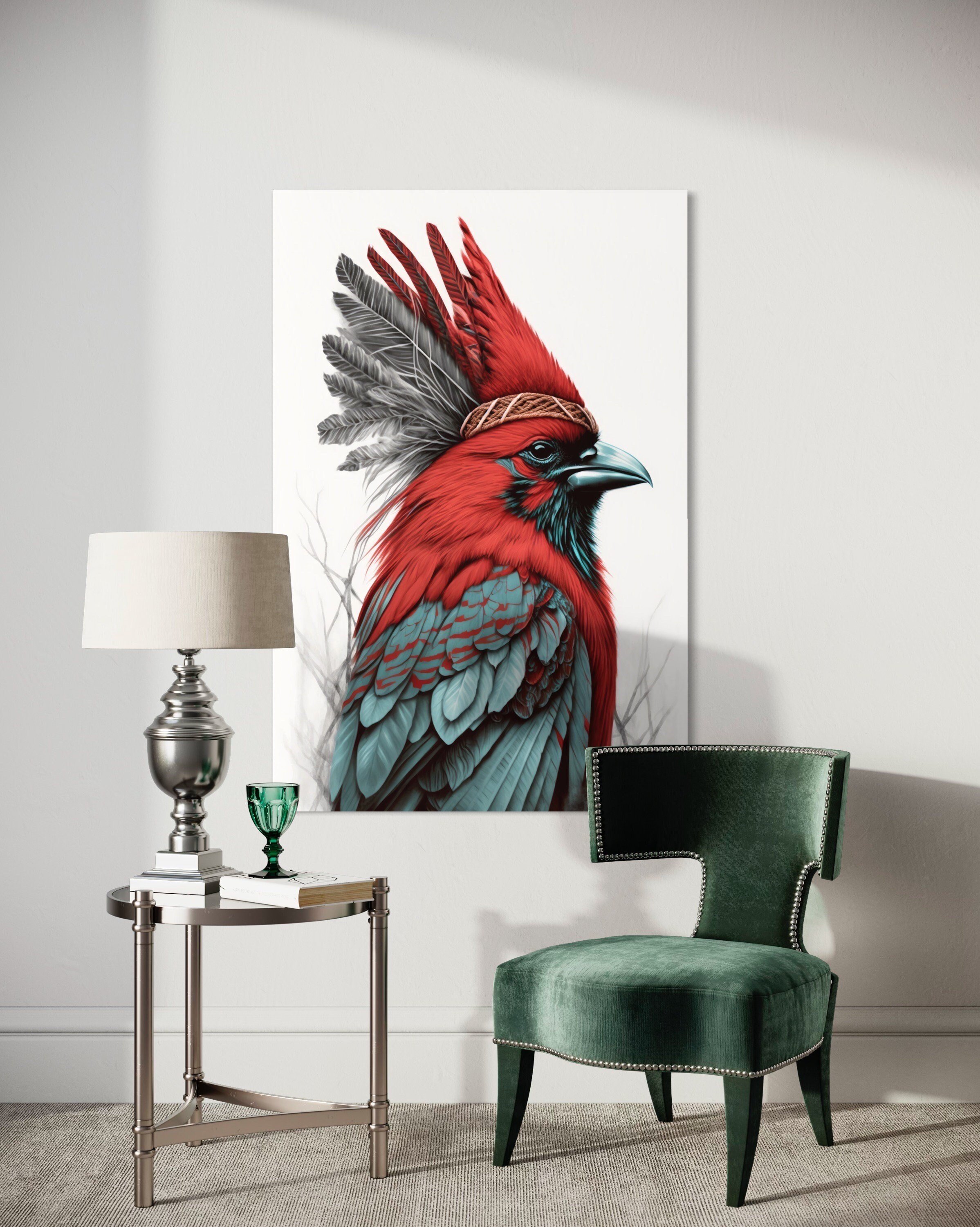 Red Cardinal Chief | Native American Art Animal Drawings Boho Wall Bird Prints Canvas Metal Cabin and Vacation Decor