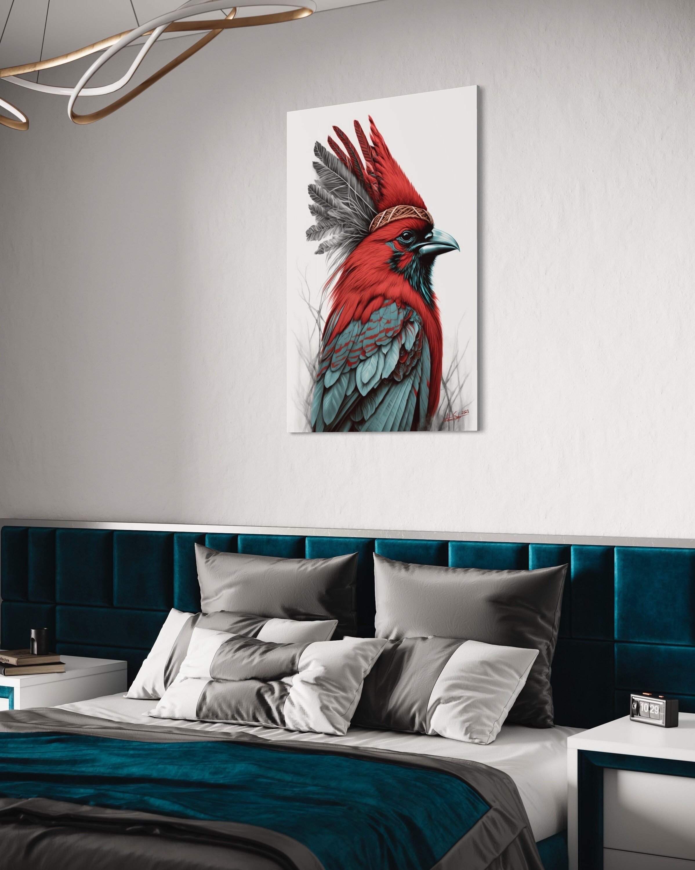 Red Cardinal Chief | Native American Art Animal Drawings Boho Wall Bird Prints Canvas Metal Cabin and Vacation Decor