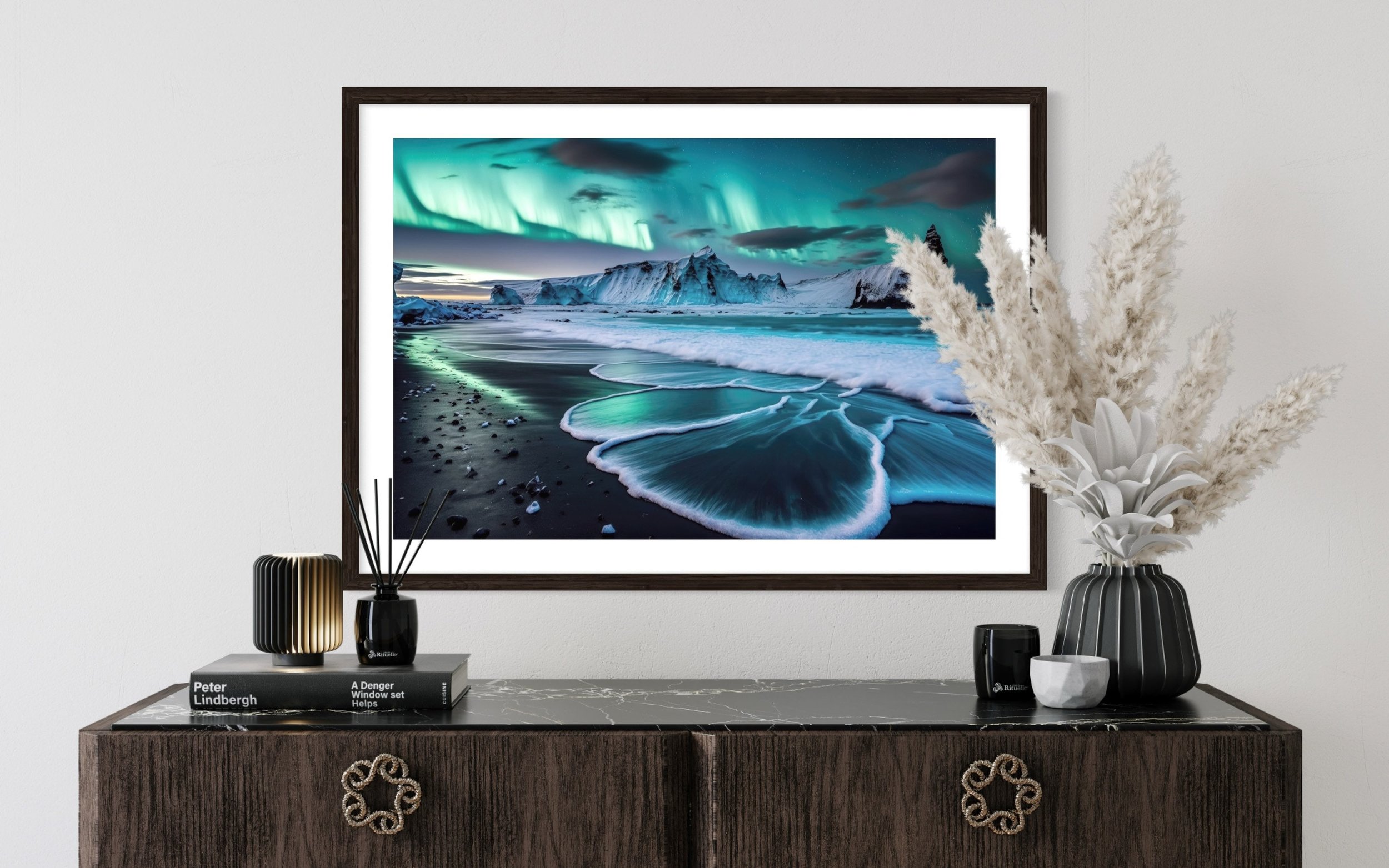 Northern Lights Bay | Black Sand Beach Aurora Borealis Digital Painting Nature Decor Modern Wall Art Canvas Prints Metal