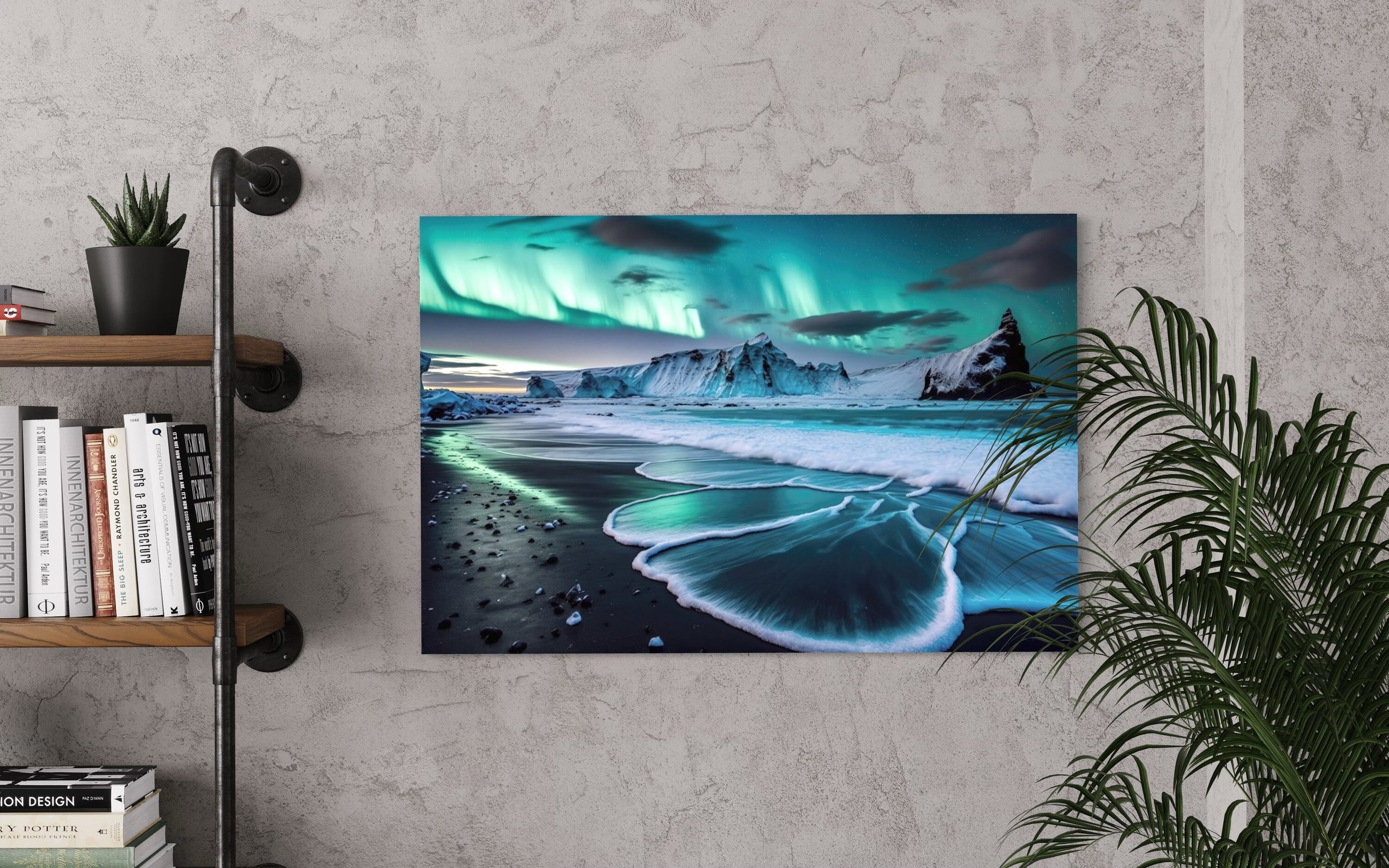 Northern Lights Bay | Black Sand Beach Aurora Borealis Digital Painting Nature Decor Modern Wall Art Canvas Prints Metal