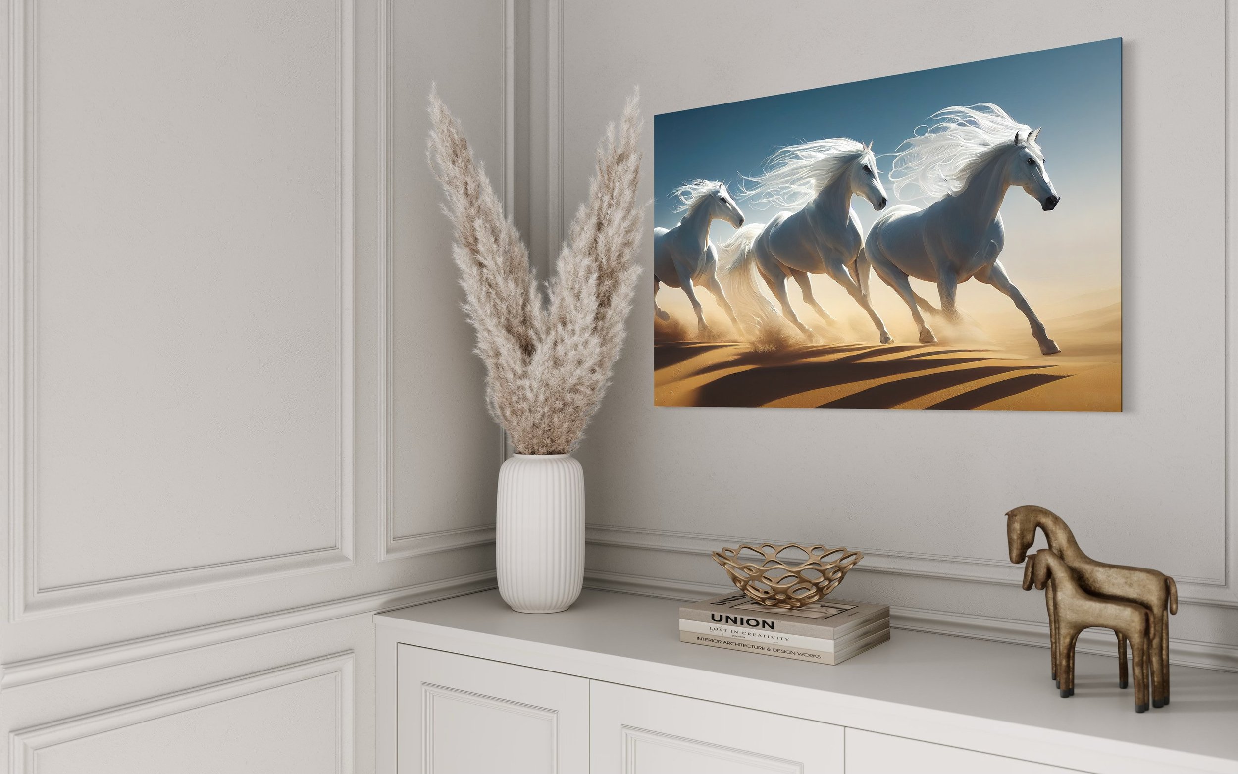 Three White Horses | Wildlife Wall Art Desert Sands Horse Paintings Canvas Prints Metal Home Office Decor
